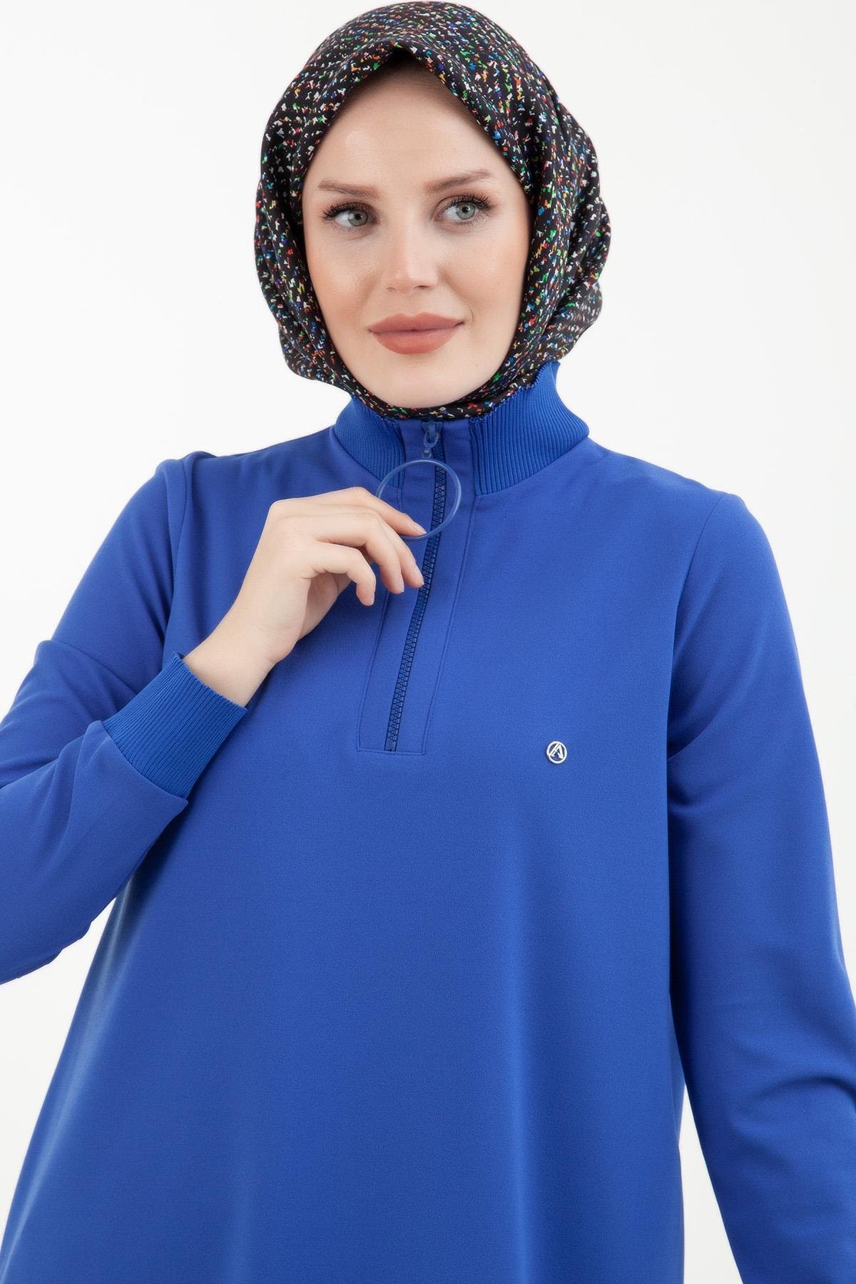 ARMİNE TREND Örme Kumaş Yakası Fermuarlı Ribanalı Kışlık Tunik-Mavi 23KT442