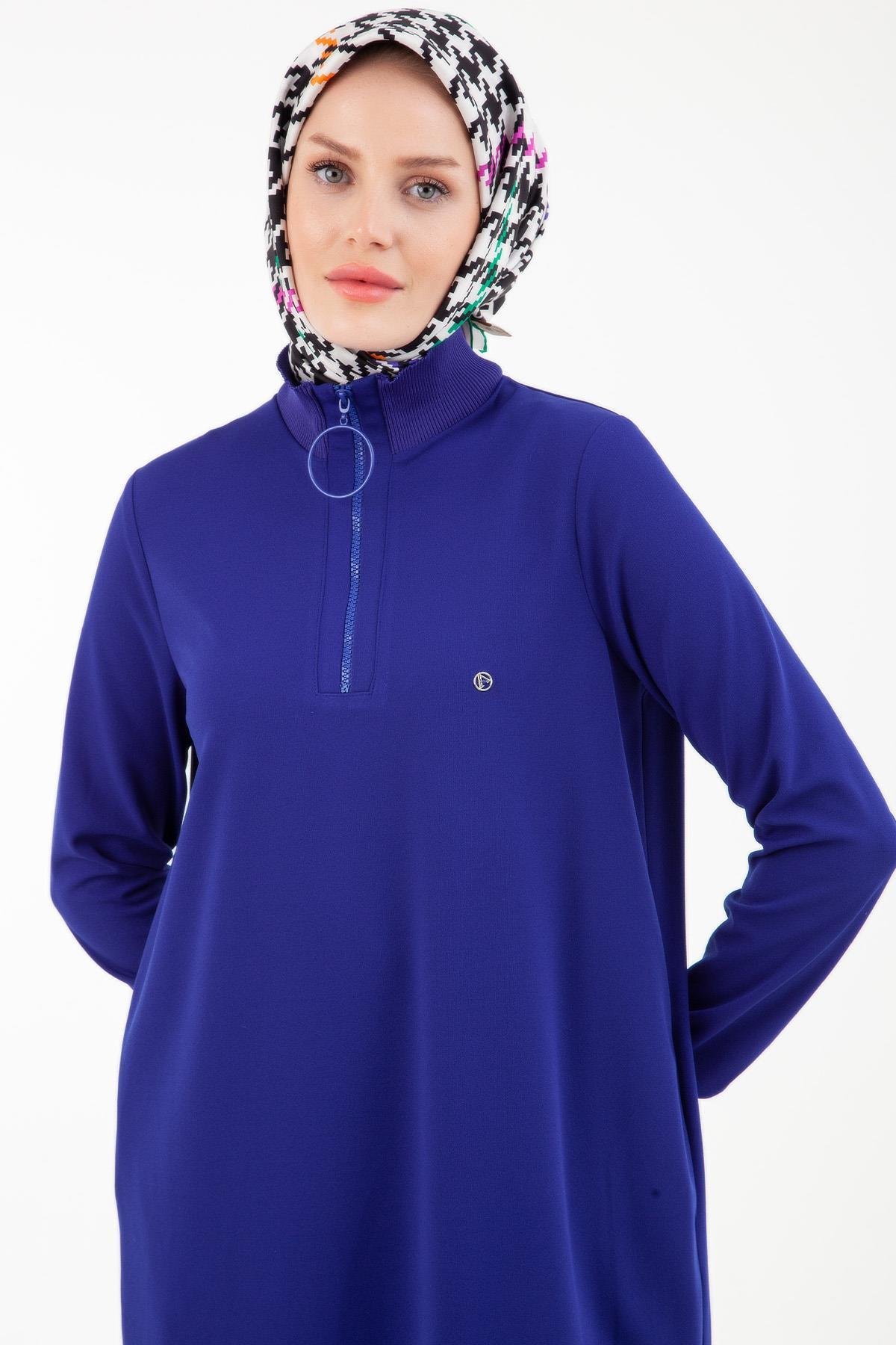 ARMİNE TREND Örme Kumaş Yakası Fermuarlı Ribanalı Kışlık Tunik-Saks 23KT442