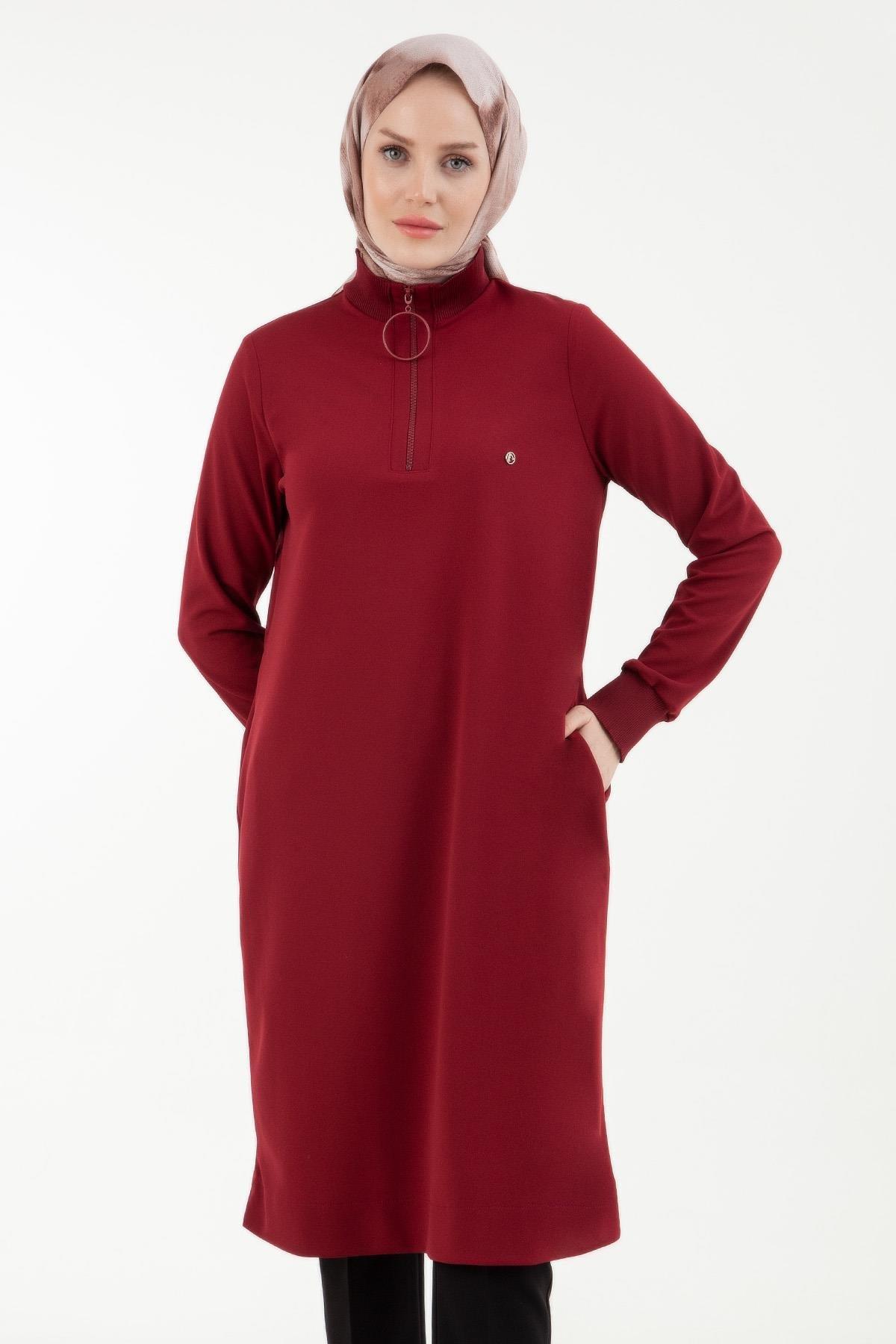 ARMİNE TREND Örme Kumaş Yakası Fermuarlı Ribanalı Kışlık Tunik-Bordo 23KT442