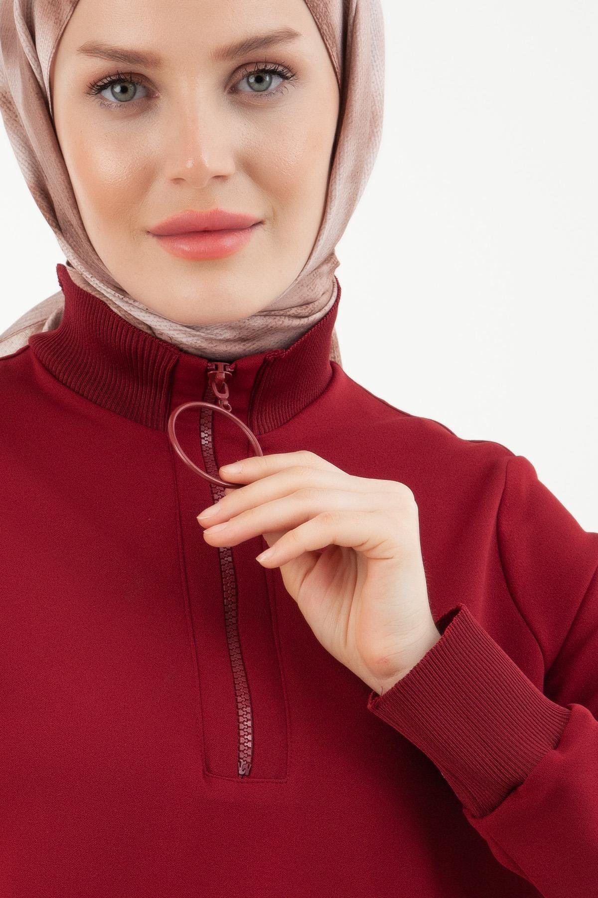 ARMİNE TREND Örme Kumaş Yakası Fermuarlı Ribanalı Kışlık Tunik-Bordo 23KT442