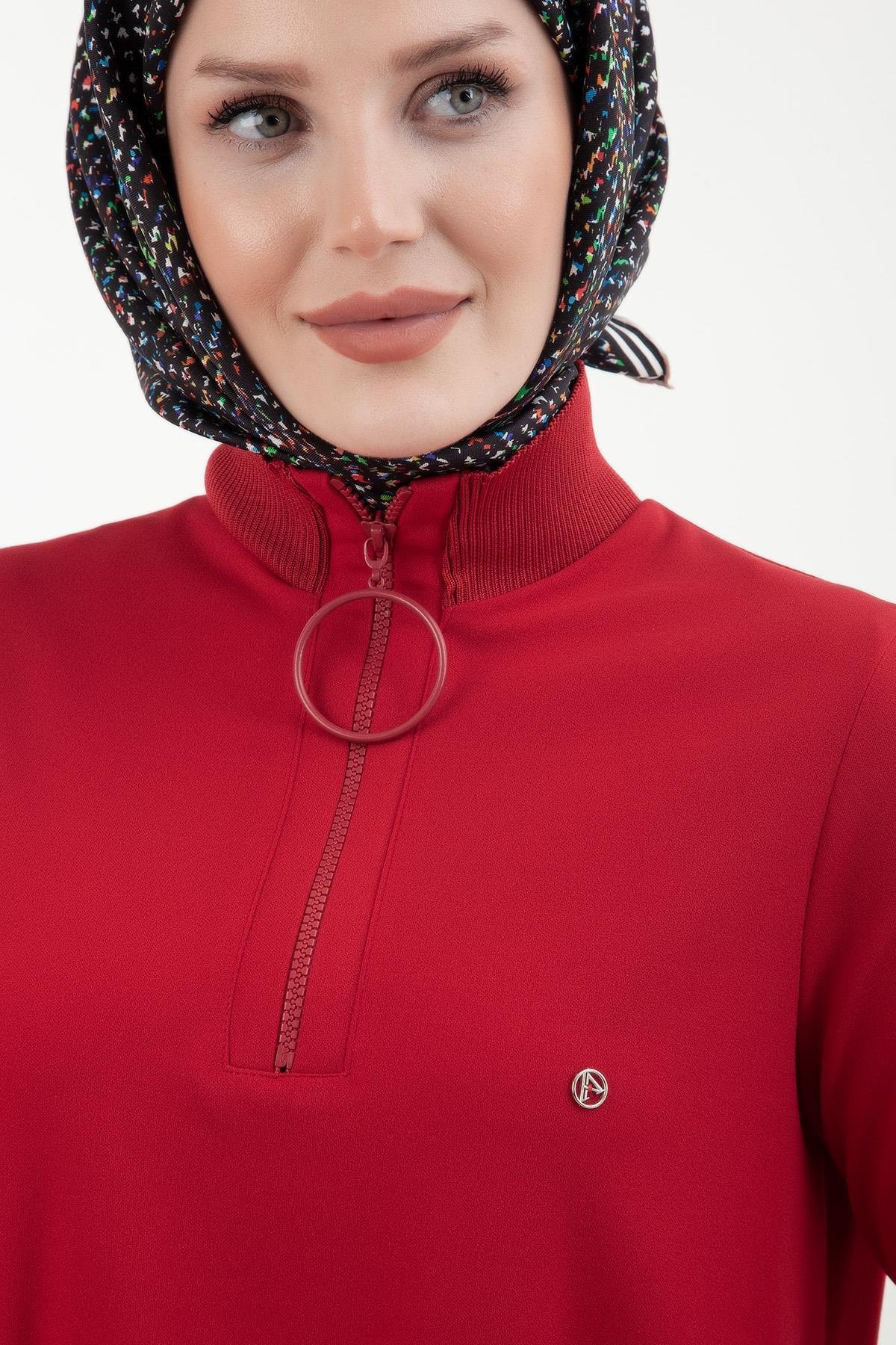 ARMİNE TREND Örme Kumaş Yakası Fermuarlı Ribanalı Kışlık Tunik-Kırmızı 23KT442