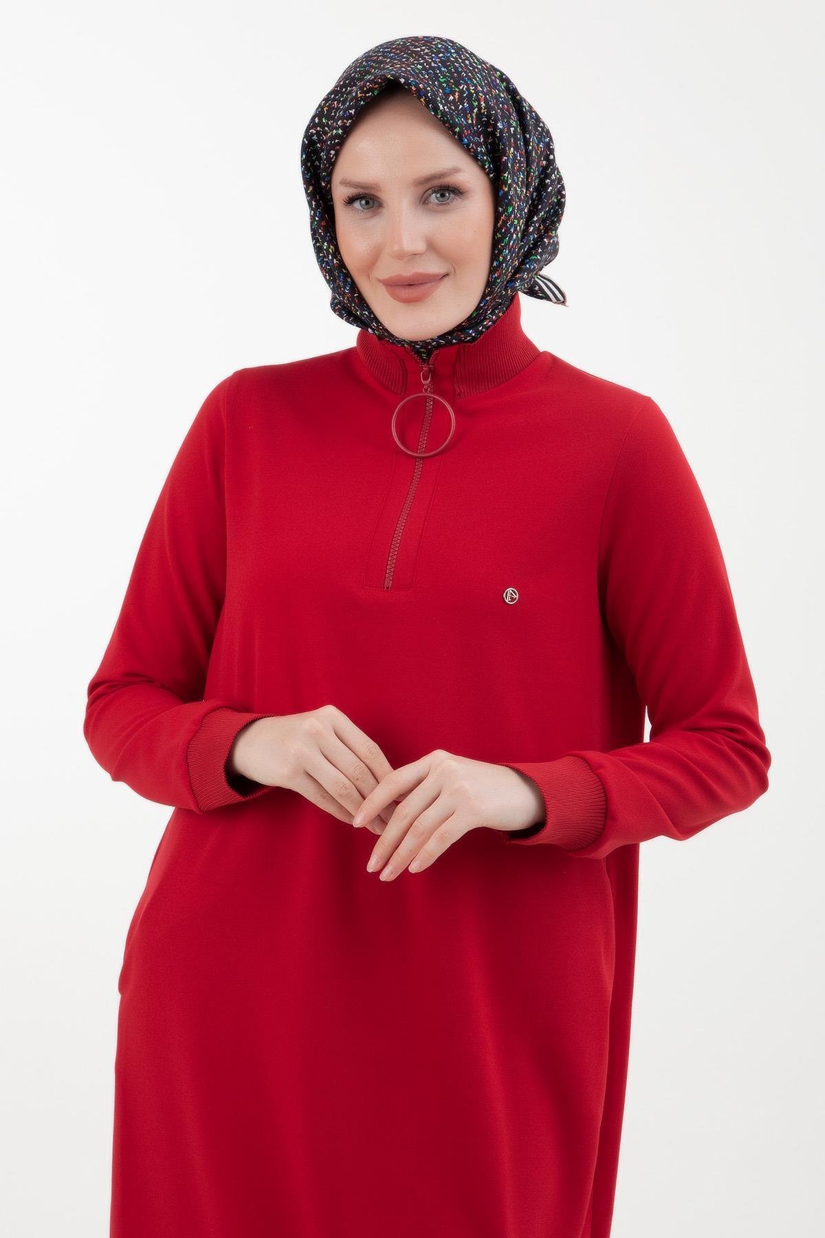 ARMİNE TREND Örme Kumaş Yakası Fermuarlı Ribanalı Kışlık Tunik-Kırmızı 23KT442