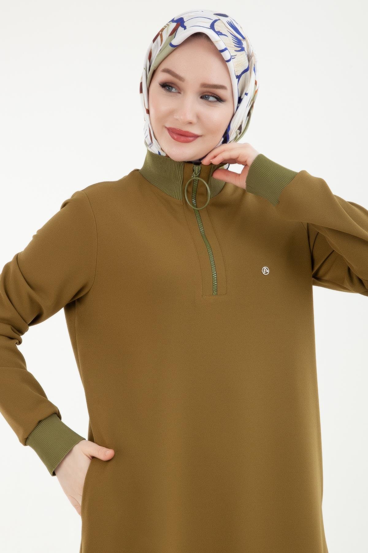 ARMİNE TREND Örme Kumaş Yakası Fermuarlı Ribanalı Kışlık Tunik-Olive 23KT442