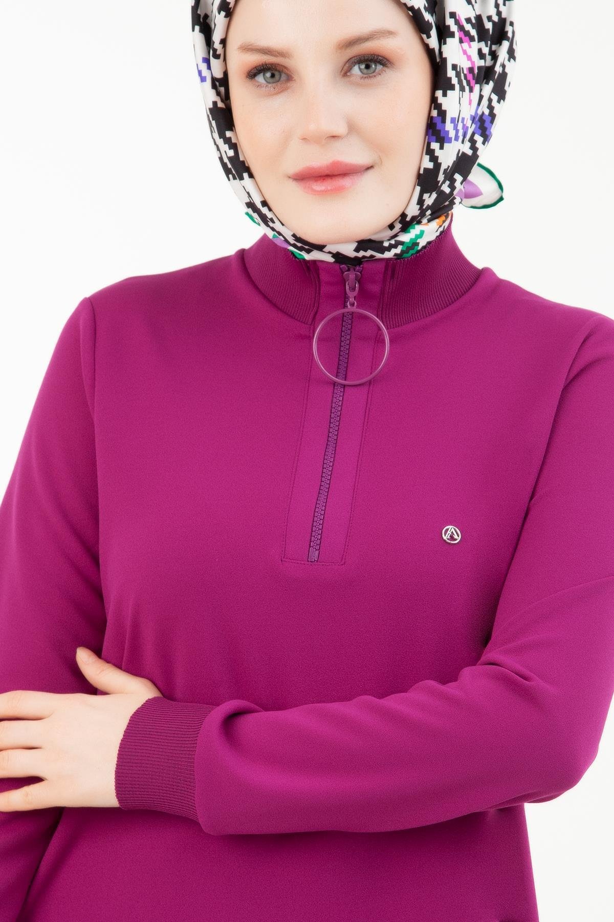 ARMİNE TREND Örme Kumaş Yakası Fermuarlı Ribanalı Kışlık Tunik-Fuşya 23KT442