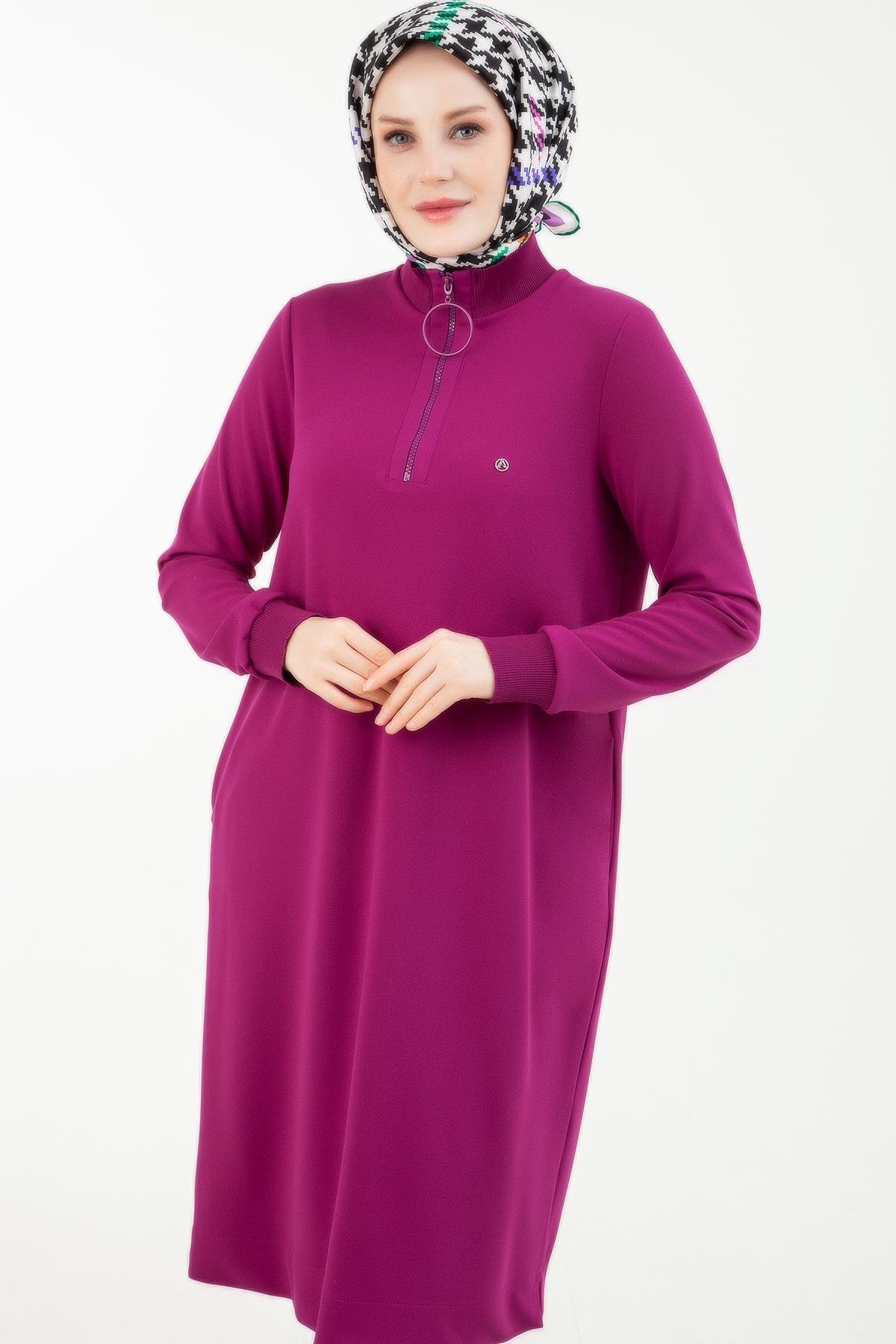 ARMİNE TREND Örme Kumaş Yakası Fermuarlı Ribanalı Kışlık Tunik-Fuşya 23KT442