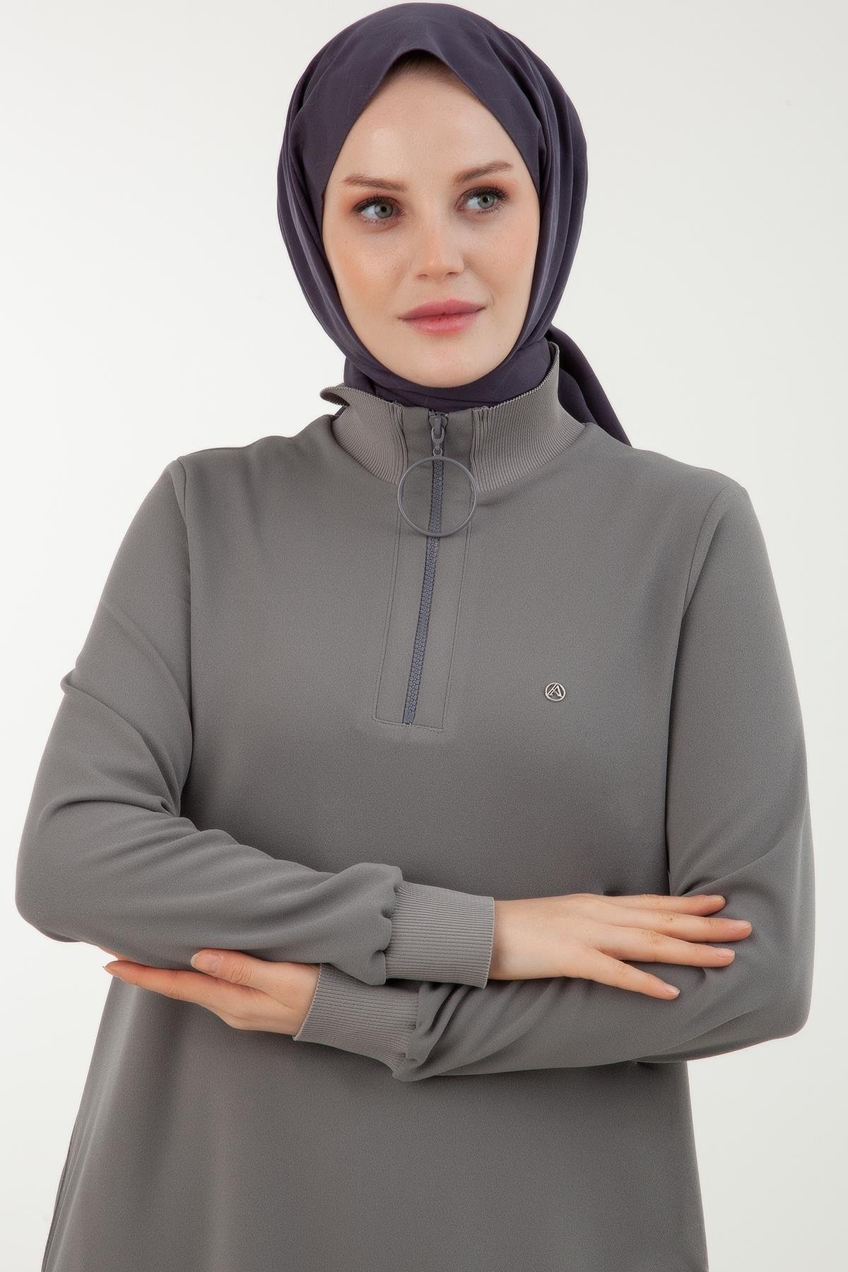 ARMİNE TREND Örme Kumaş Yakası Fermuarlı Ribanalı Kışlık Tunik-Gri 23KT442