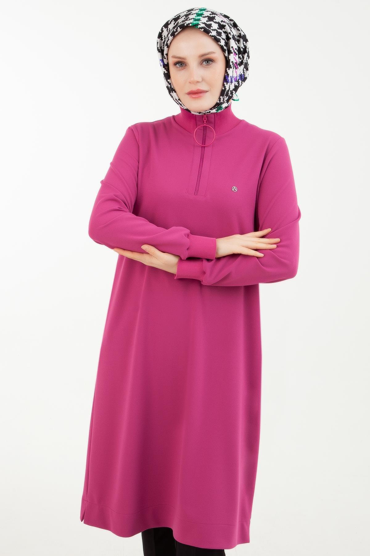 ARMİNE TREND Örme Kumaş Yakası Fermuarlı Ribanalı Kışlık Tunik-Pembe 23KT442