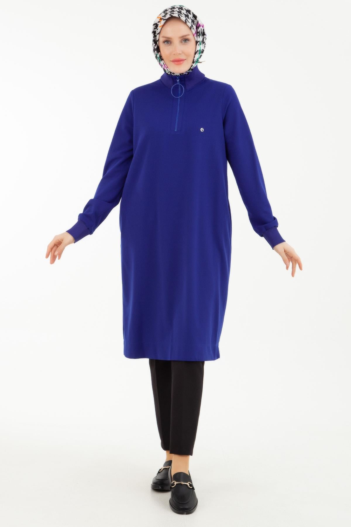 ARMİNE TREND Örme Kumaş Yakası Fermuarlı Ribanalı Kışlık Tunik-Saks 23KT442