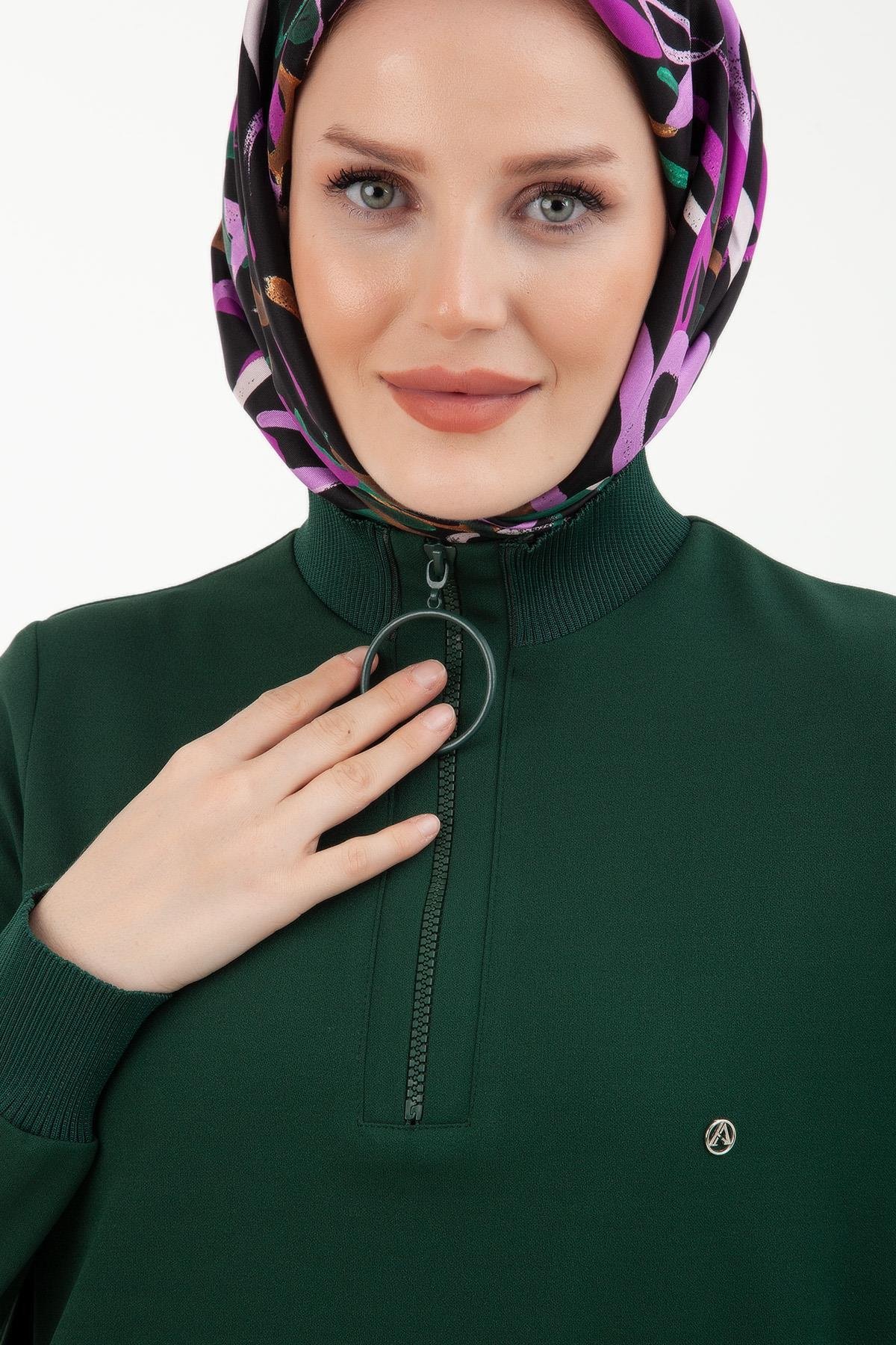 ARMİNE TREND Örme Kumaş Yakası Fermuarlı Ribanalı Kışlık Tunik-Zümrüt 23KT442