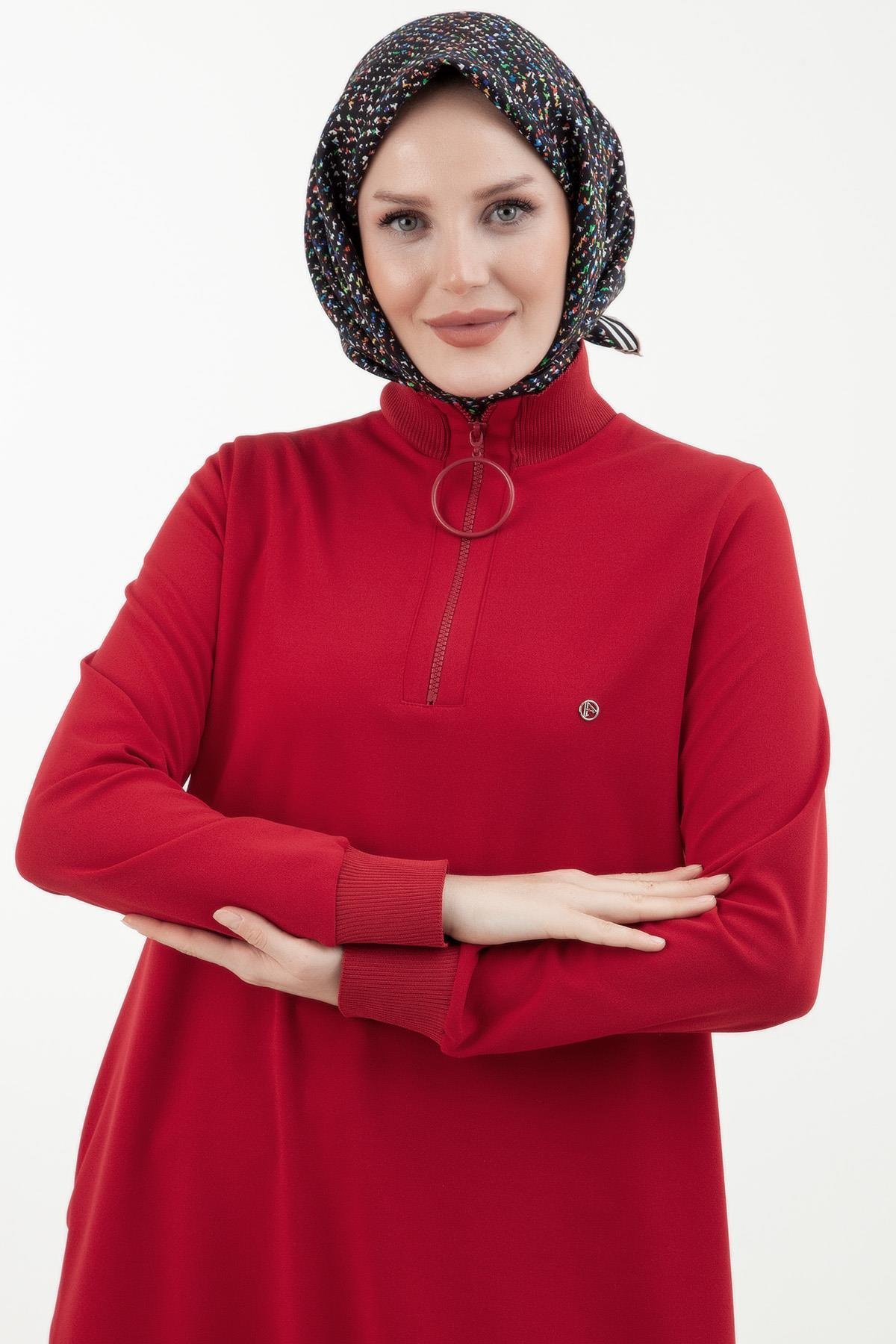 ARMİNE TREND Örme Kumaş Yakası Fermuarlı Ribanalı Kışlık Tunik-Kırmızı 23KT442