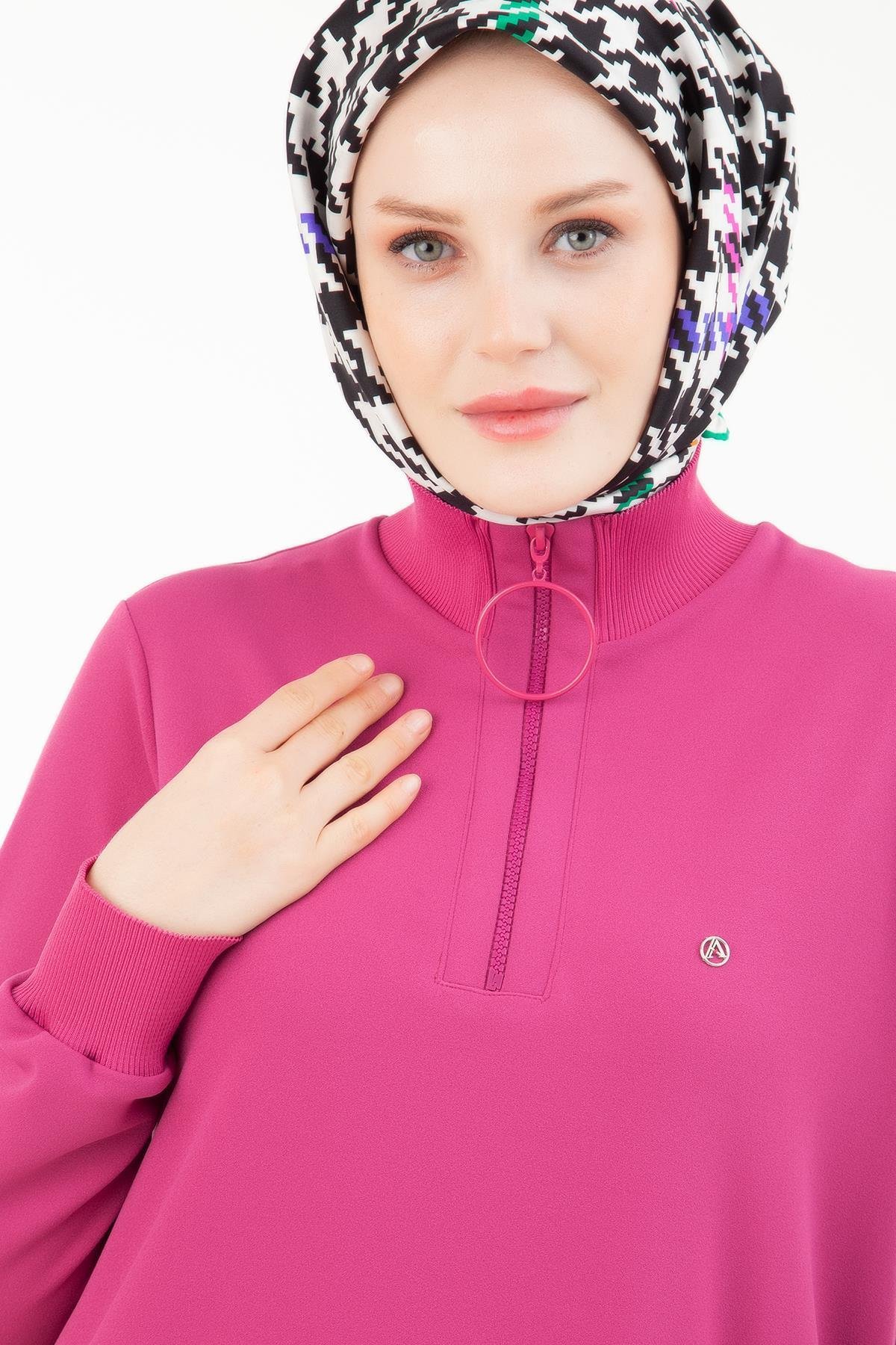 ARMİNE TREND Örme Kumaş Yakası Fermuarlı Ribanalı Kışlık Tunik-Pembe 23KT442