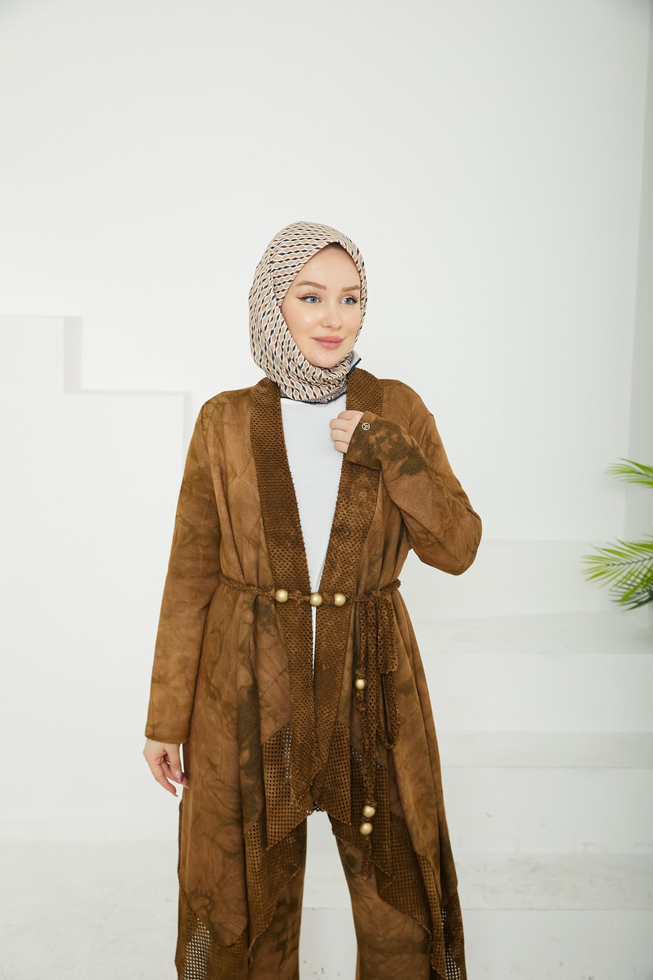 ARMİNE TREND Pantolonlu Penye ve Hırkalı Üçlü Takım-Kahverengi 24KT678