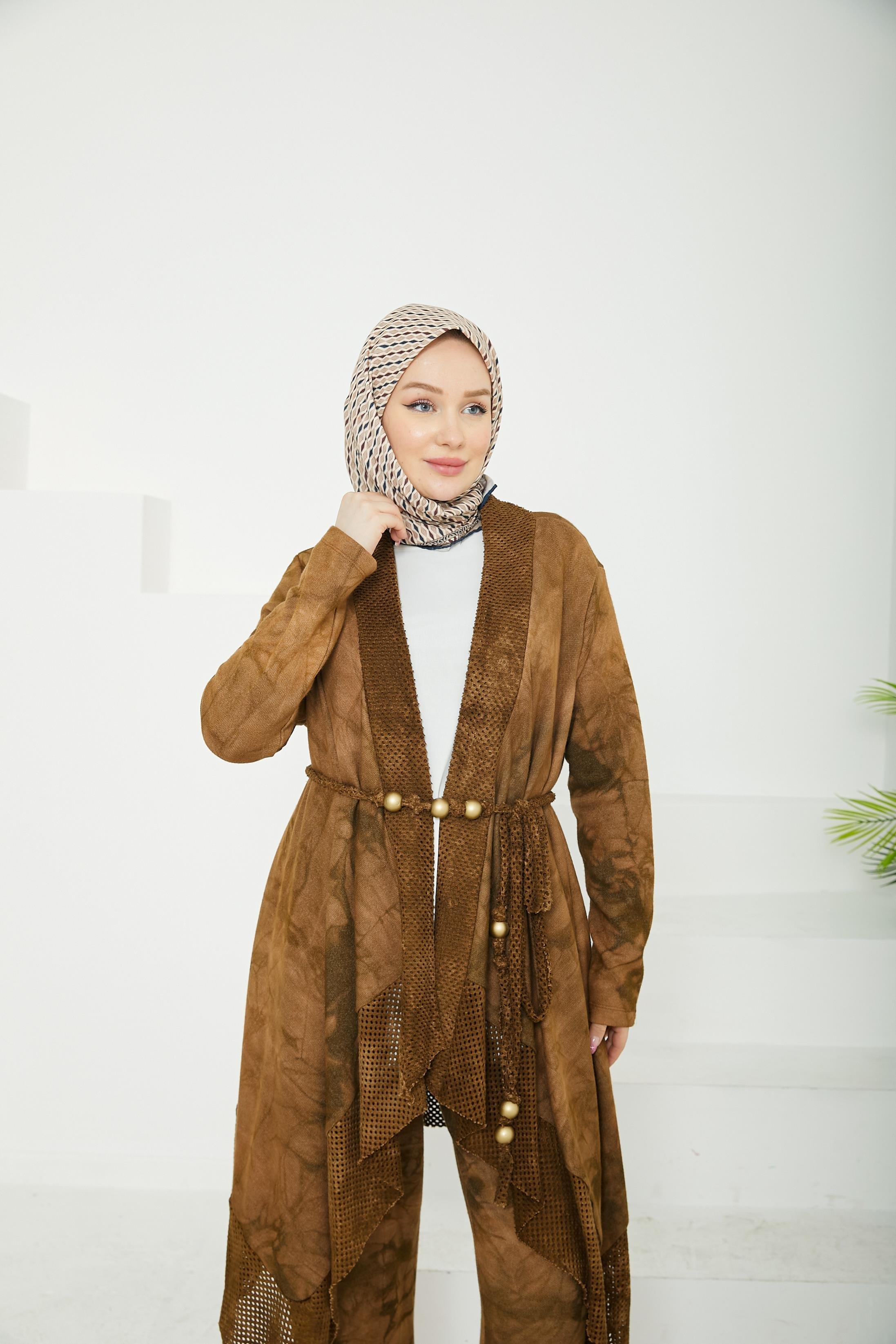 ARMİNE TREND Pantolonlu Penye ve Hırkalı Üçlü Takım-Kahverengi 24KT678