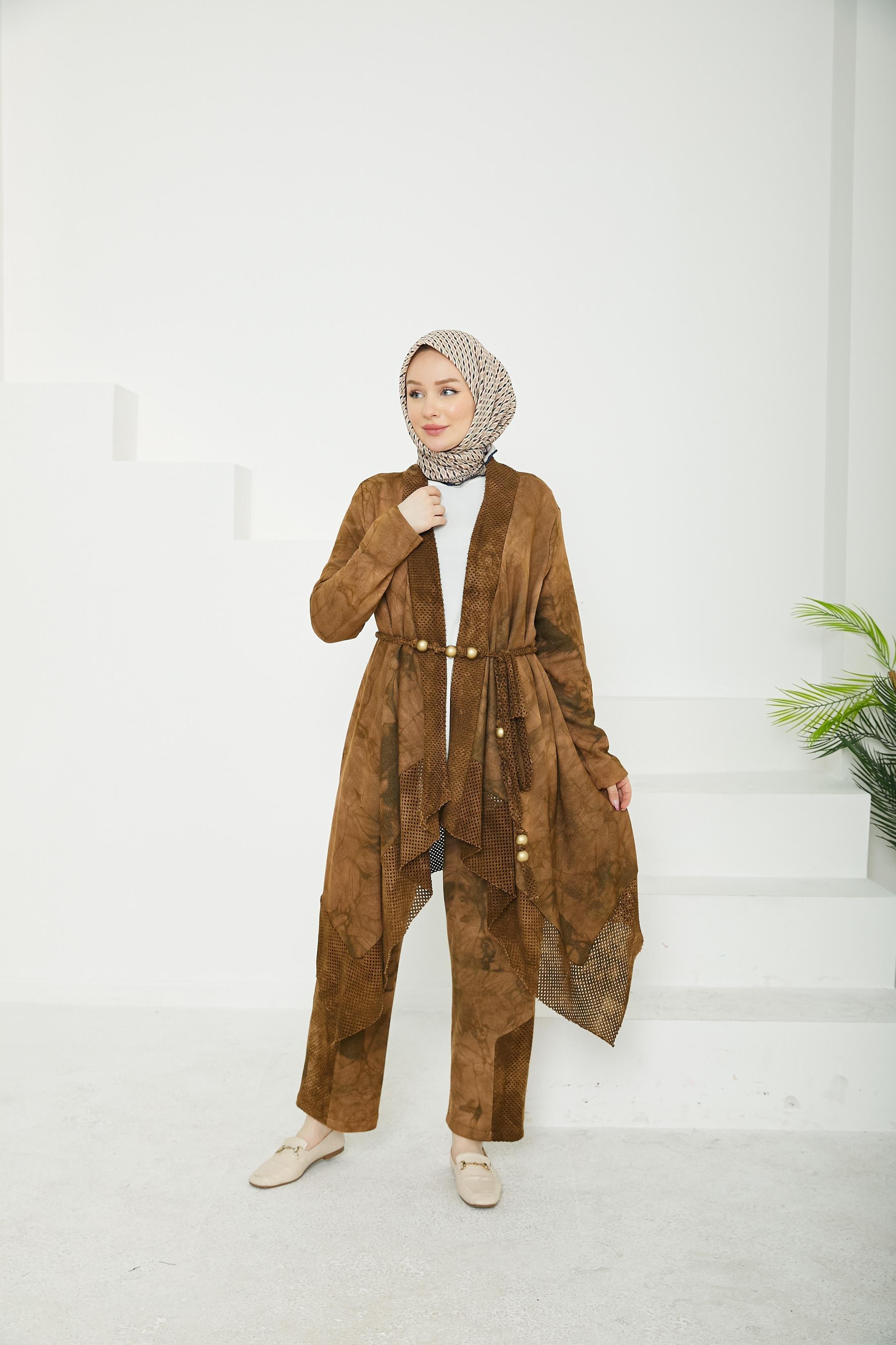 ARMİNE TREND Pantolonlu Penye ve Hırkalı Üçlü Takım-Kahverengi 24KT678
