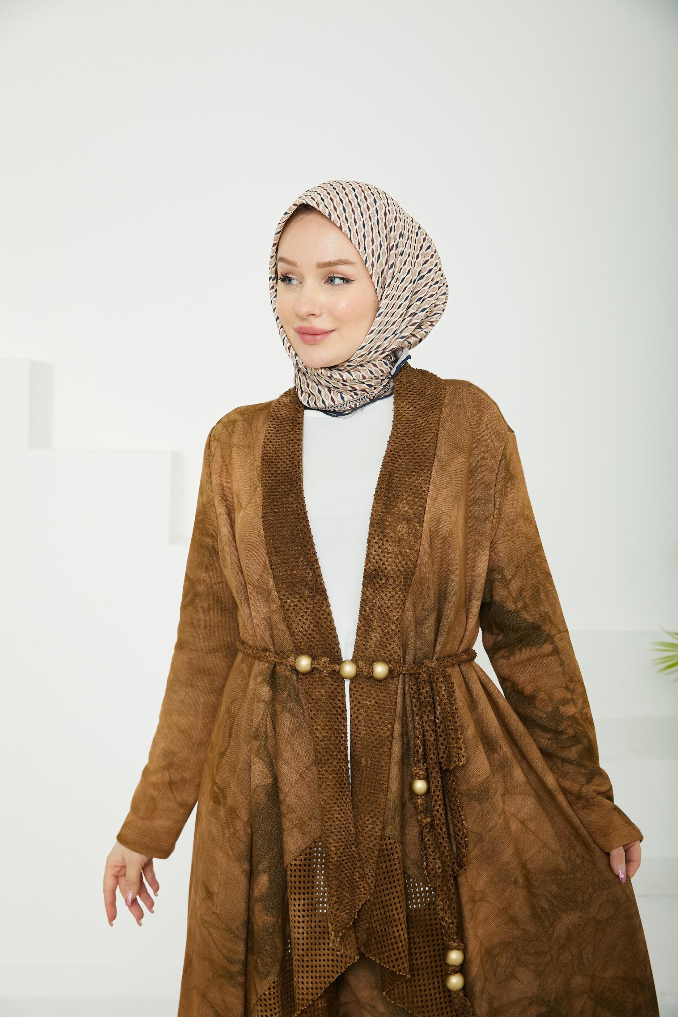 ARMİNE TREND Pantolonlu Penye ve Hırkalı Üçlü Takım-Kahverengi 24KT678