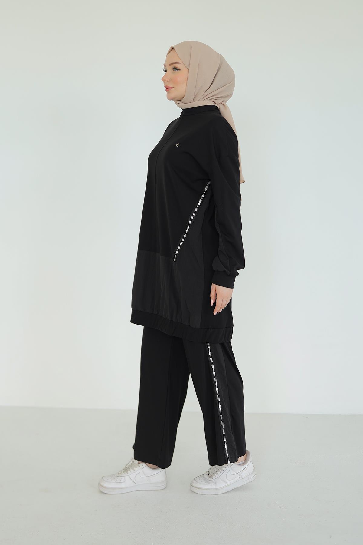 ARMİNE TREND Paraşüt Kumaş Detaylı Pantolonlu İkili Takım-Siyah 25YT623