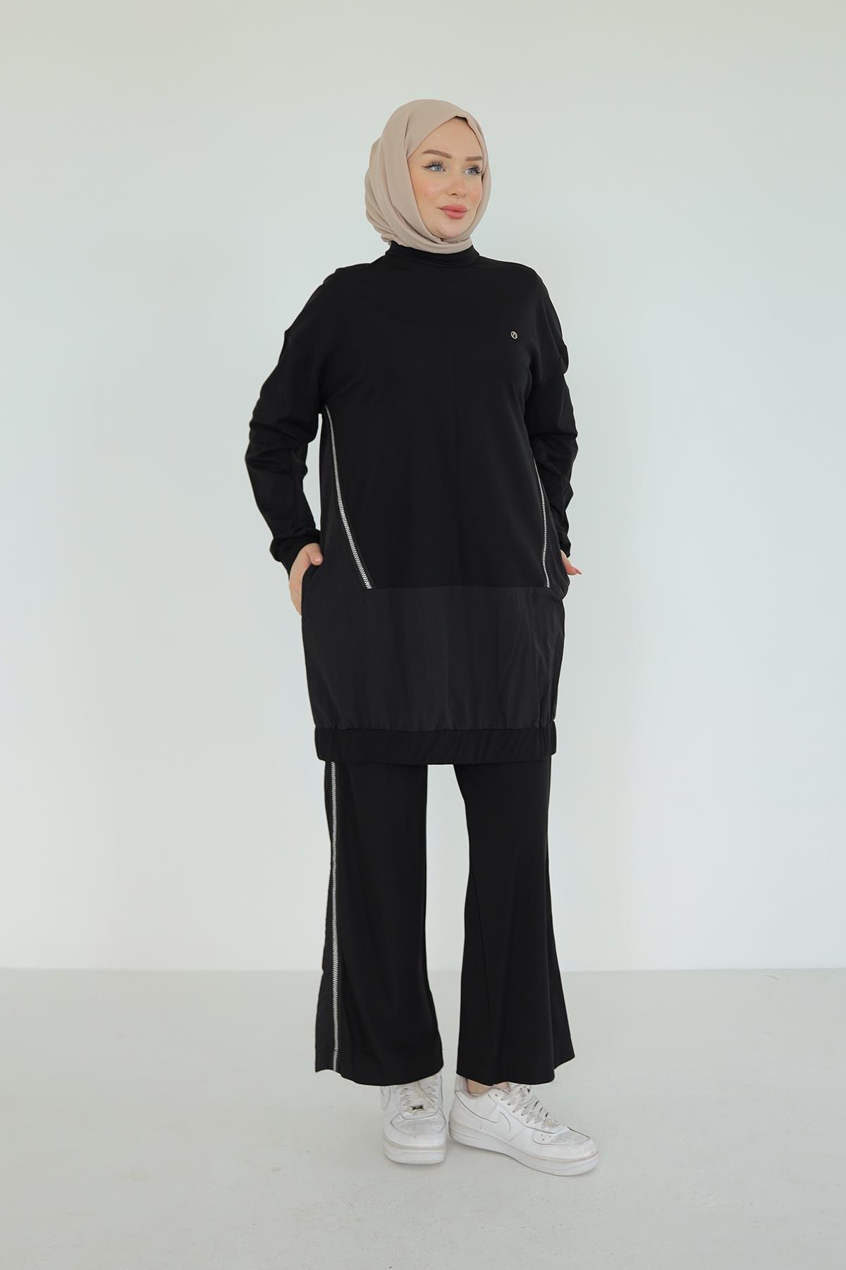 ARMİNE TREND Paraşüt Kumaş Detaylı Pantolonlu İkili Takım-Siyah 25YT623