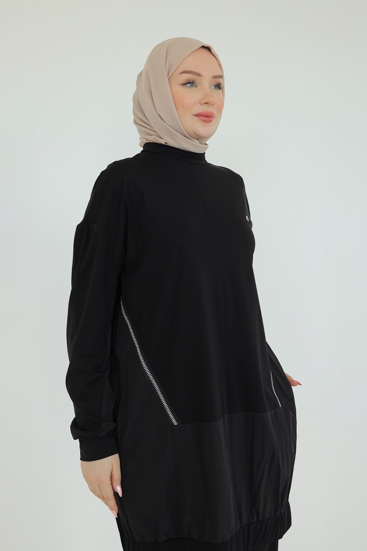 ARMİNE TREND Paraşüt Kumaş Detaylı Pantolonlu İkili Takım-Siyah 25YT623