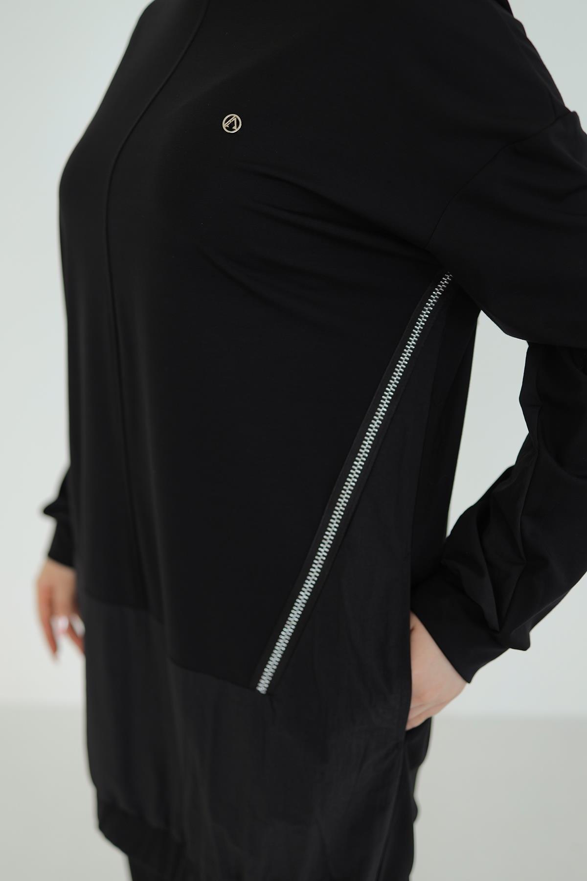 ARMİNE TREND Paraşüt Kumaş Detaylı Pantolonlu İkili Takım-Siyah 25YT623
