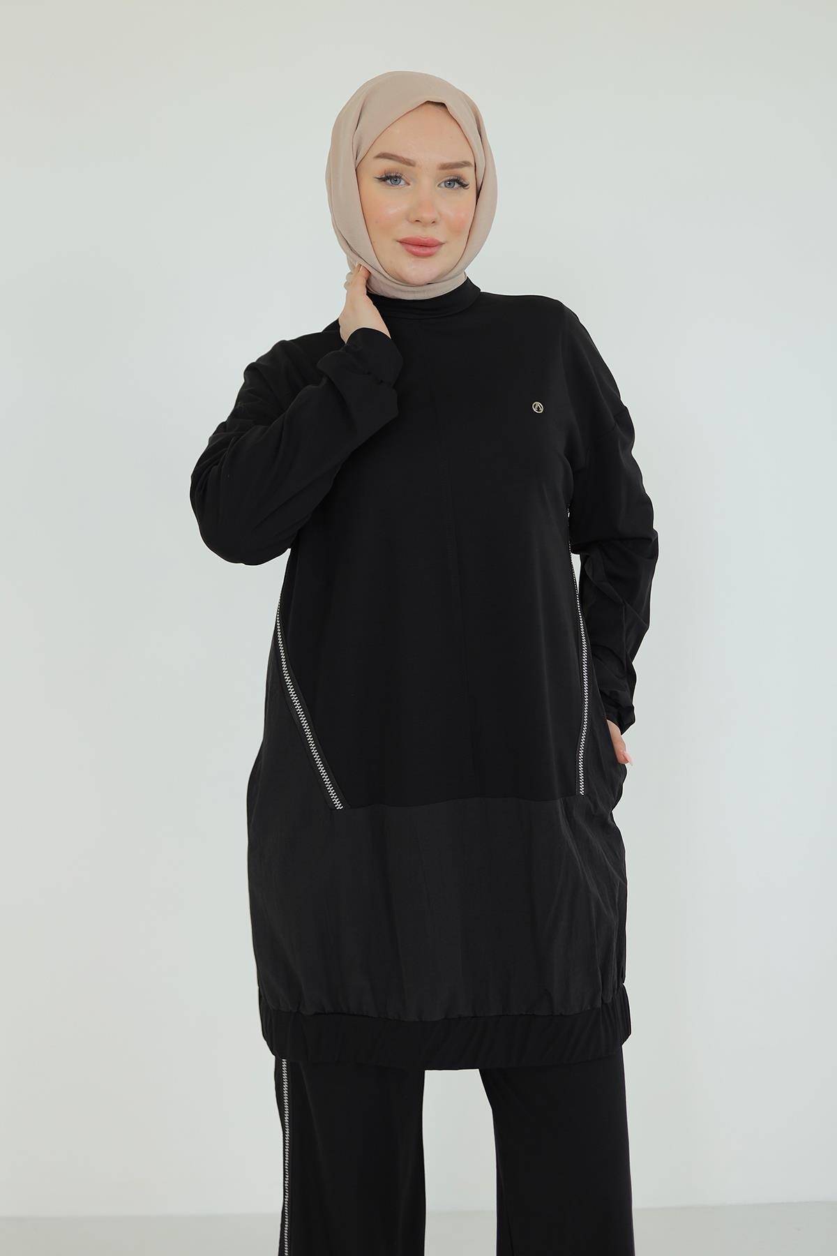 ARMİNE TREND Paraşüt Kumaş Detaylı Pantolonlu İkili Takım-Siyah 25YT623