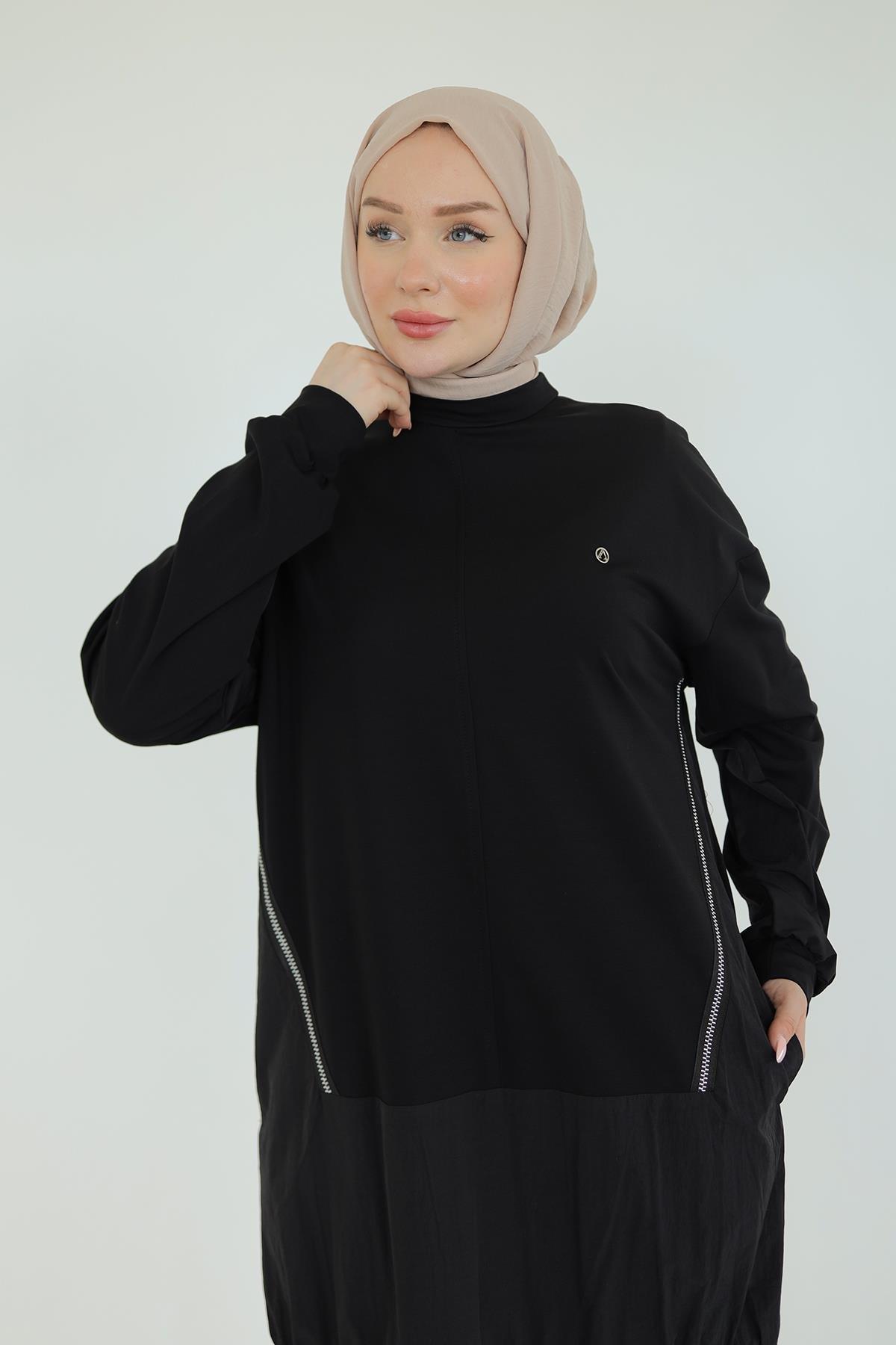 ARMİNE TREND Paraşüt Kumaş Detaylı Pantolonlu İkili Takım-Siyah 25YT623