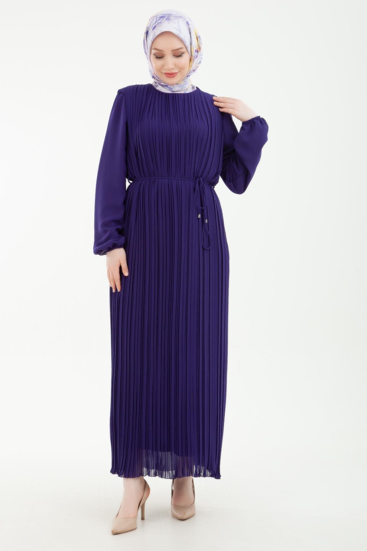 ARMİNE TREND Pilise Detaylı Kolları Lastikli Elbise Mor 23KT905