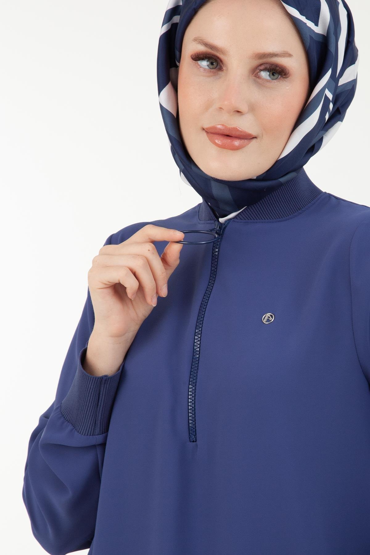 ARMİNE TREND Ribanalı, Fermuarlı İpek Kumaşlı Tunik-İndigo 23YT424