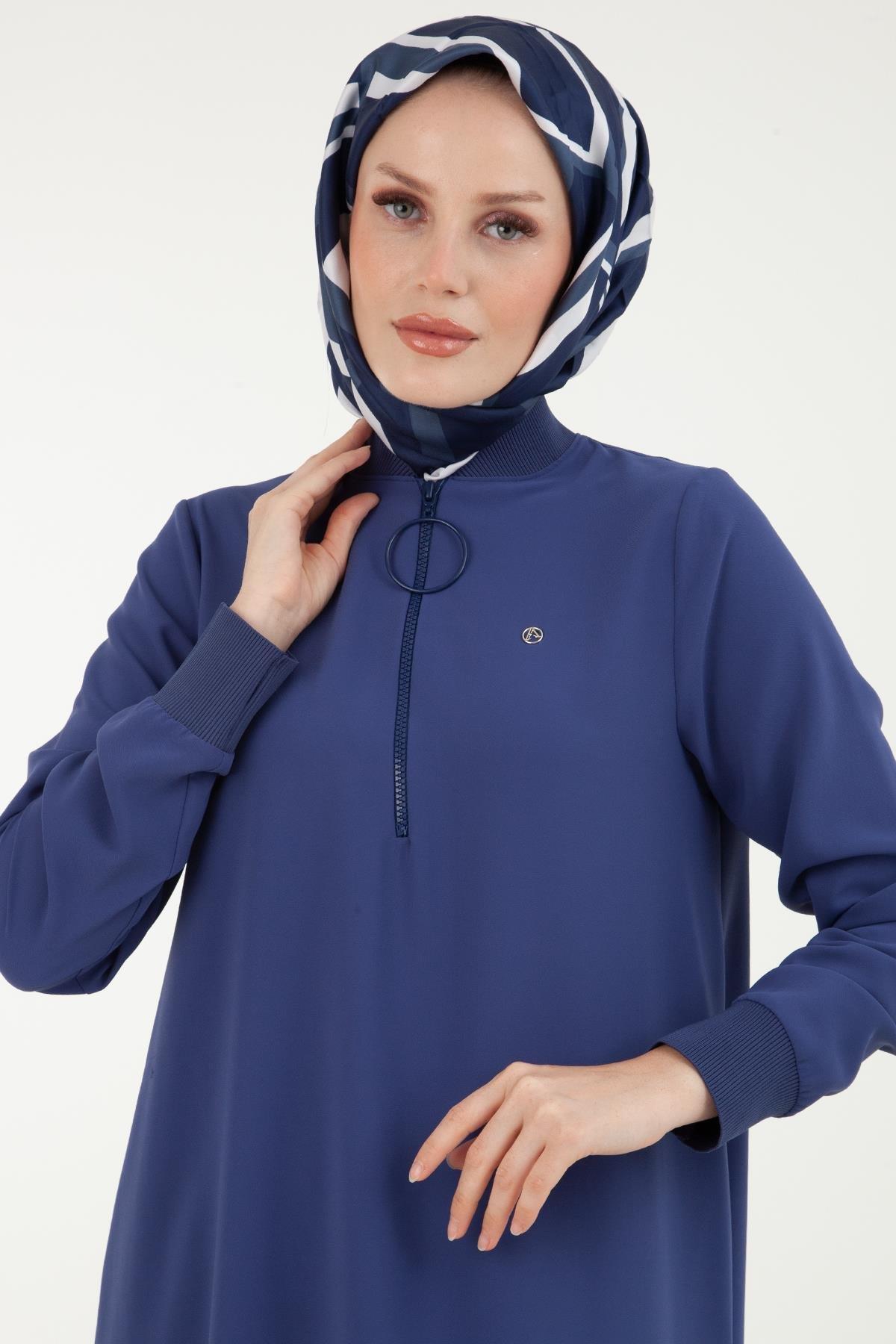 ARMİNE TREND Ribanalı, Fermuarlı İpek Kumaşlı Tunik-İndigo 23YT424