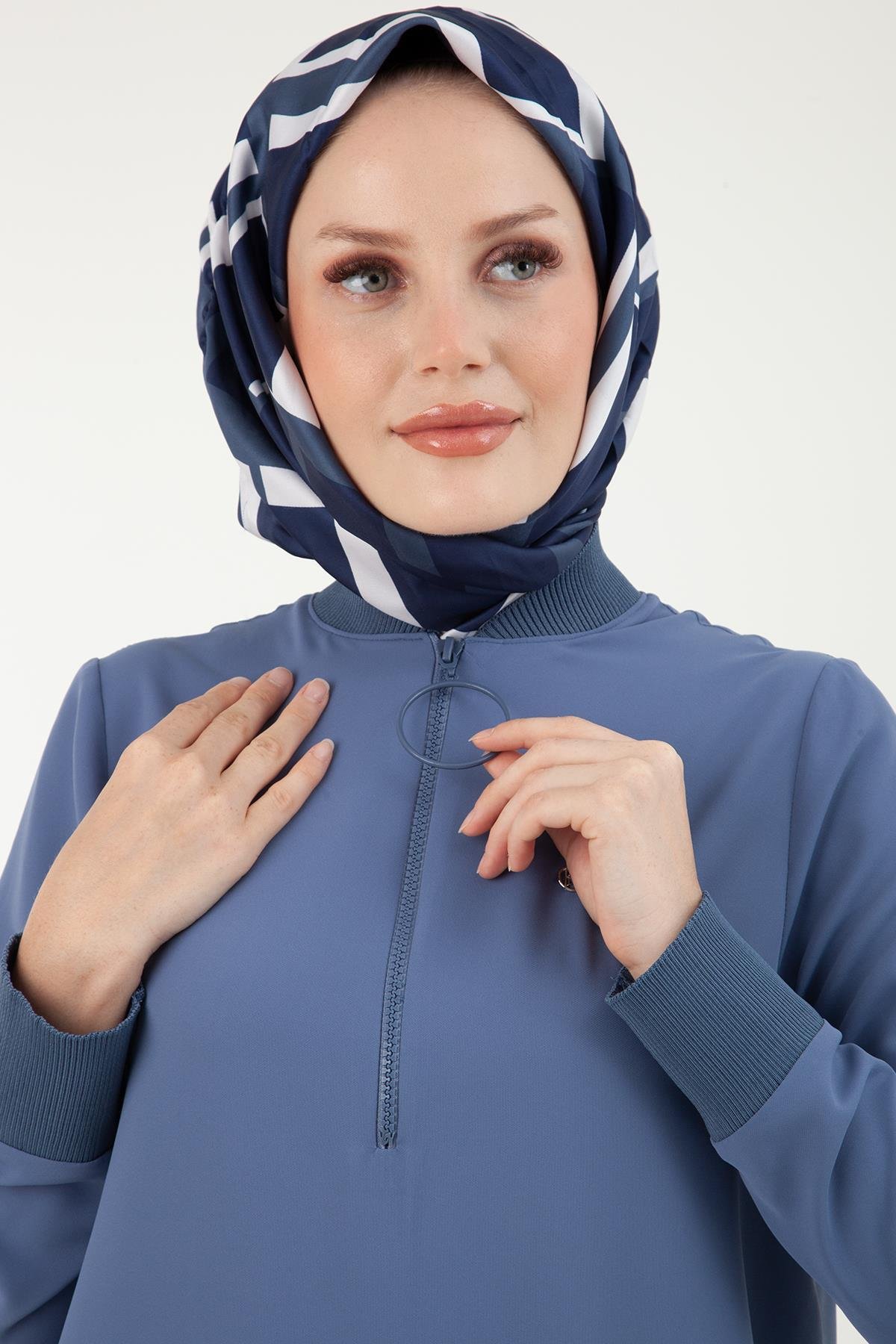 ARMİNE TREND Ribanalı, Fermuarlı İpek Kumaşlı Tunik-Gri Mavi 23YT424