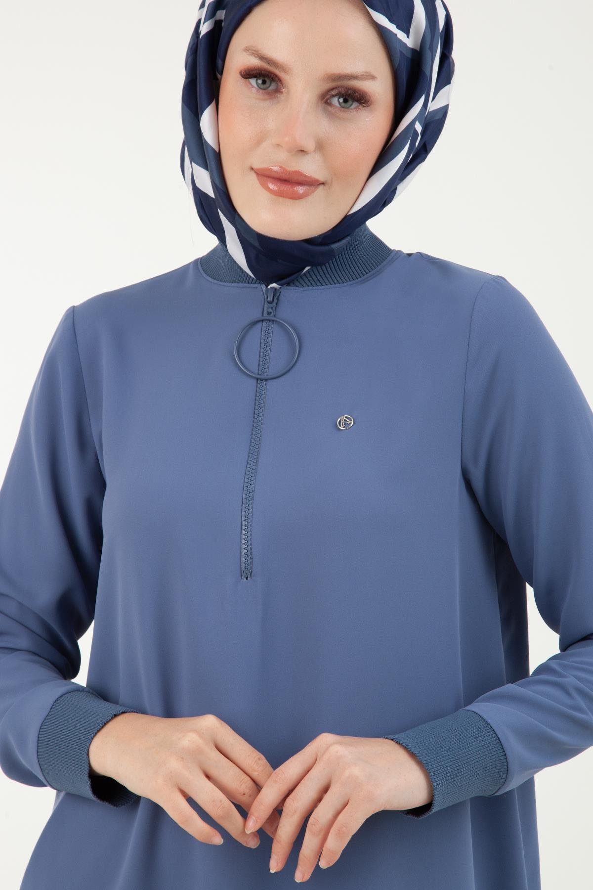 ARMİNE TREND Ribanalı, Fermuarlı İpek Kumaşlı Tunik-Gri Mavi 23YT424