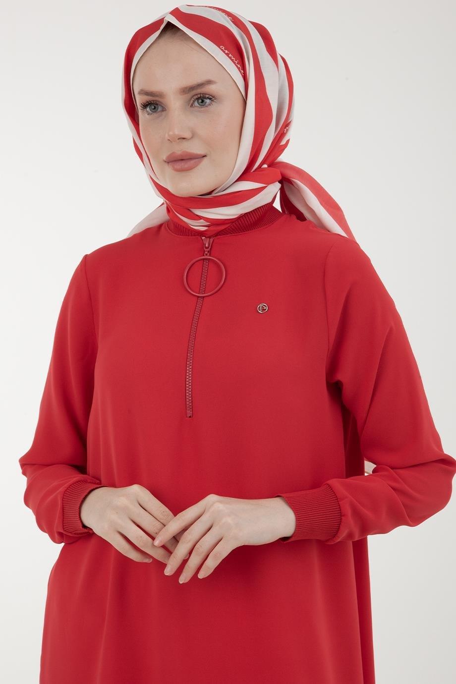 ARMİNE TREND Ribanalı Fermuarlı Krep Kumaşlı Tunik-Kırmızı 23YT424
