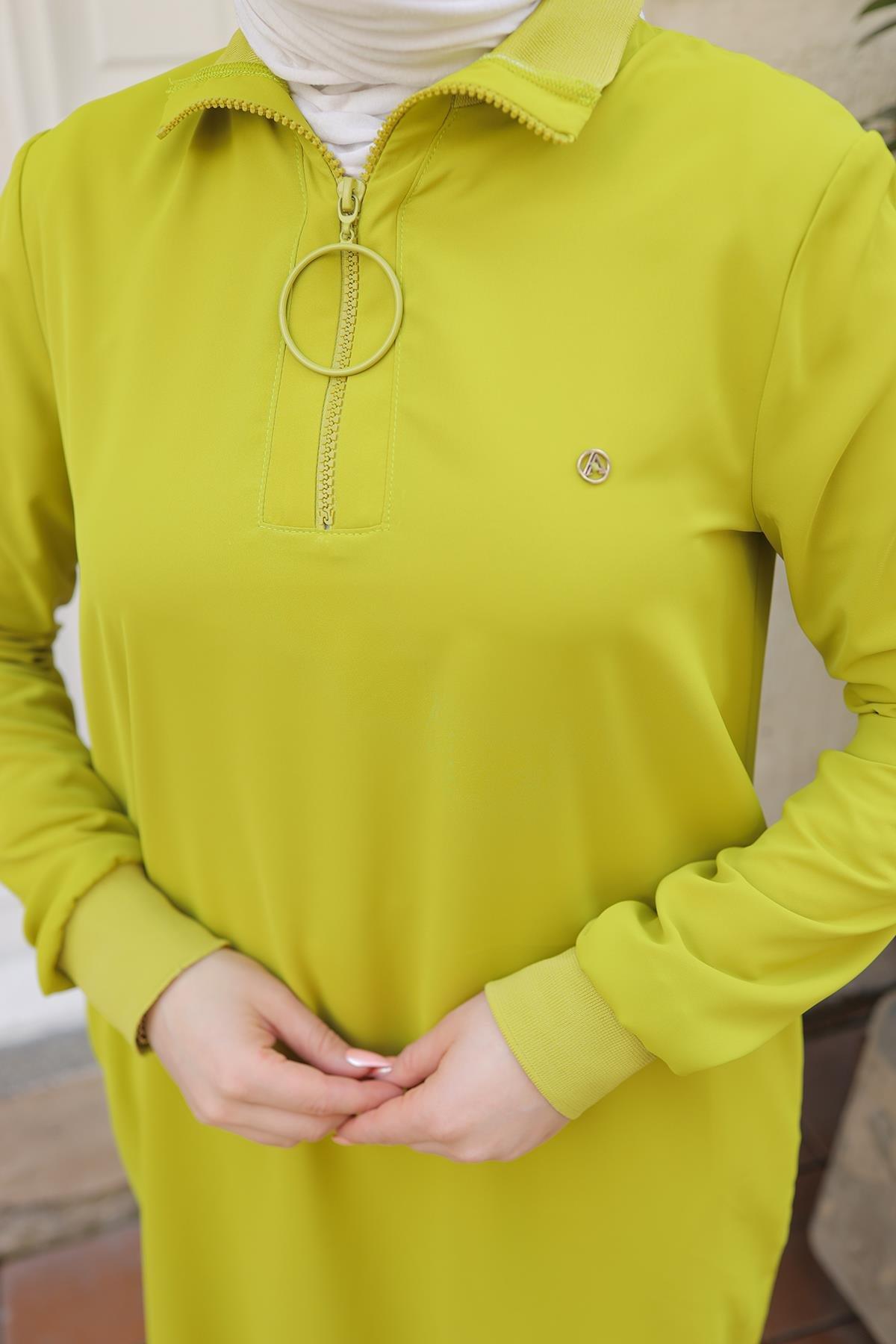 ARMİNE TREND Ribanalı Fermuarlı Krep Kumaşlı Tunik-Fıstık Yeşil 25YT460