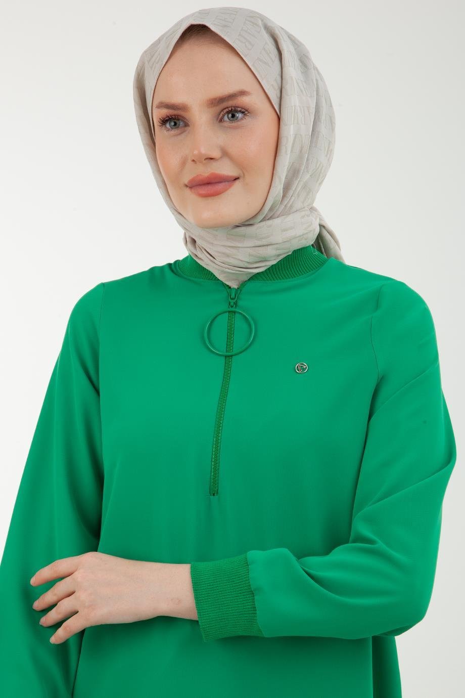 ARMİNE TREND Ribanalı Fermuarlı Krep Kumaşlı Tunik-Elma Yeşili 23YT424