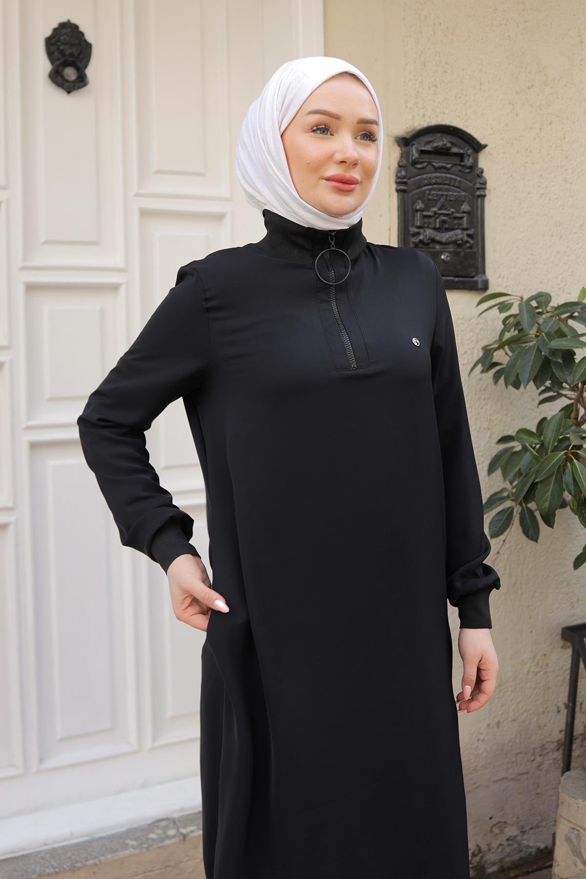ARMİNE TREND Ribanalı Fermuarlı Krep Kumaşlı Tunik-Siyah 25YT460