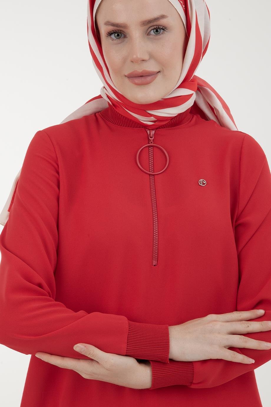 ARMİNE TREND Ribanalı Fermuarlı Krep Kumaşlı Tunik-Kırmızı 23YT424
