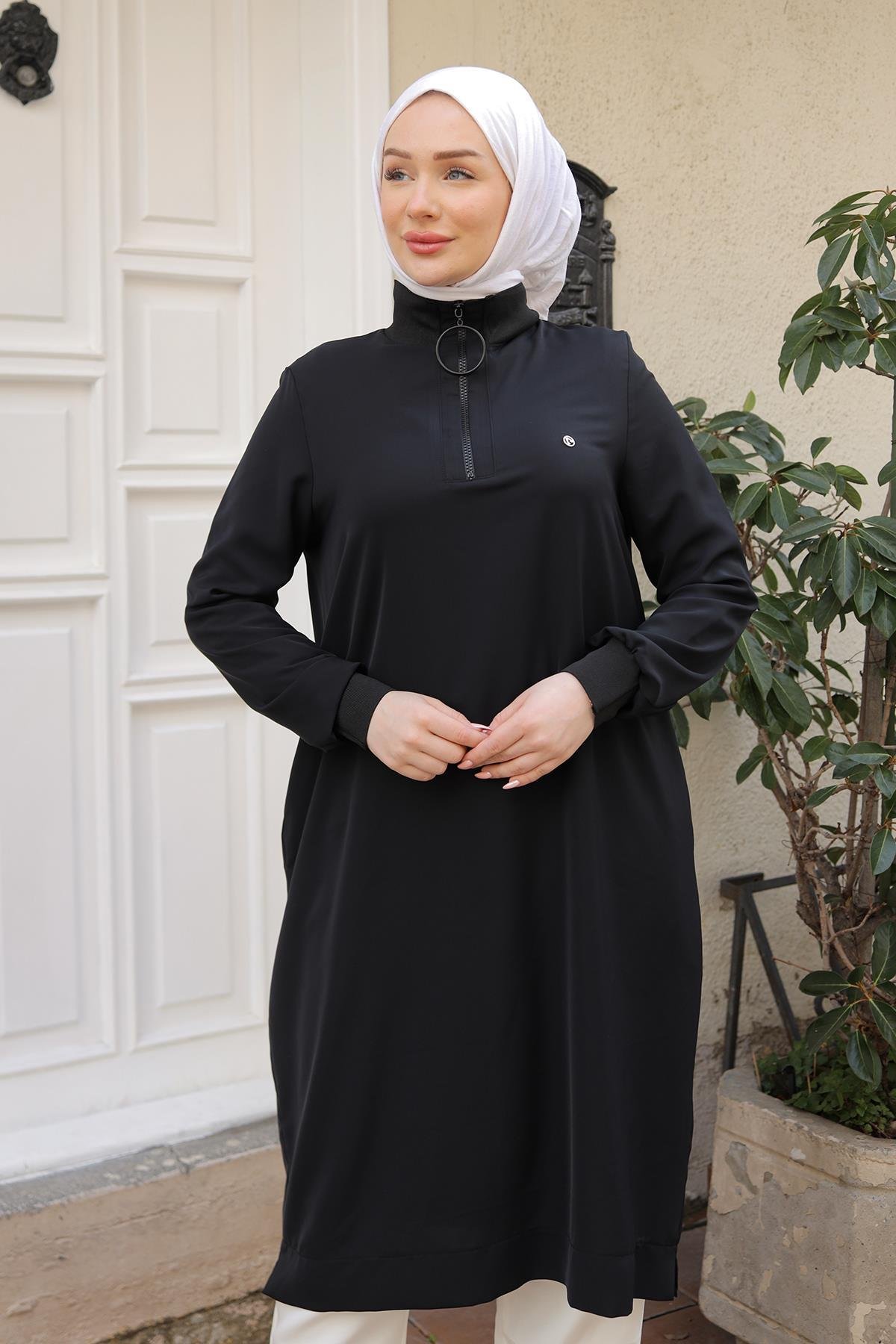 ARMİNE TREND Ribanalı Fermuarlı Krep Kumaşlı Tunik-Siyah 25YT460