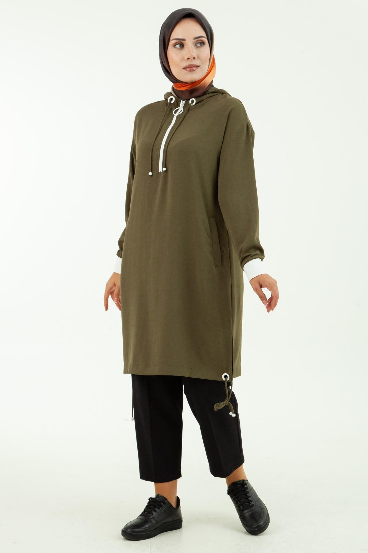 ARMİNE TREND Ribanalı Fermuarlı Tunik-Haki 23YT462