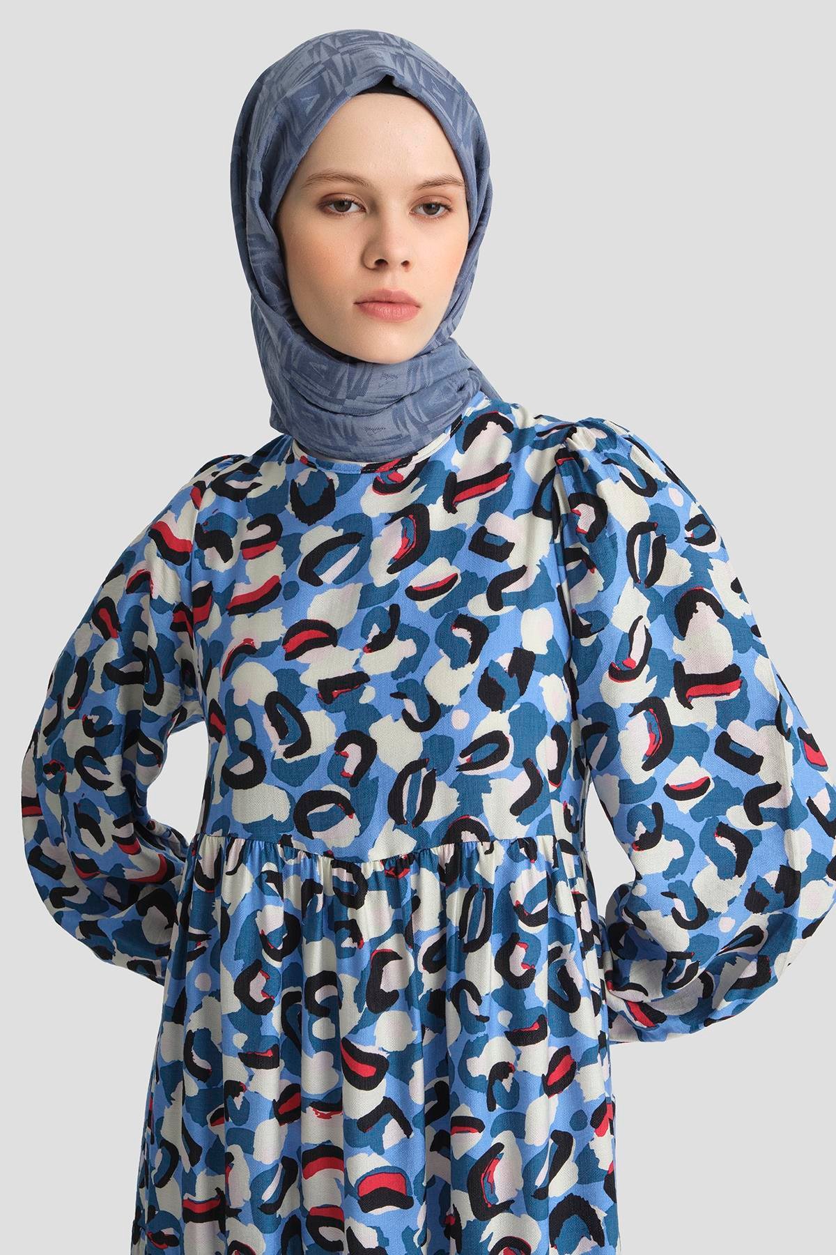 ARMİNE TREND Şal Desenli Elbise-Mavi 25YT914