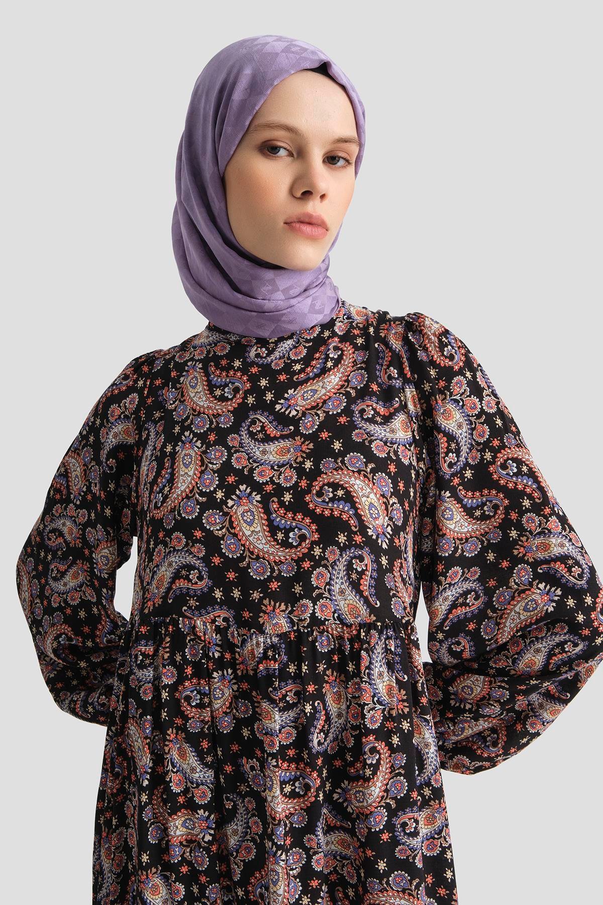 ARMİNE TREND Şal Desenli Elbise-Siyah 25YT914