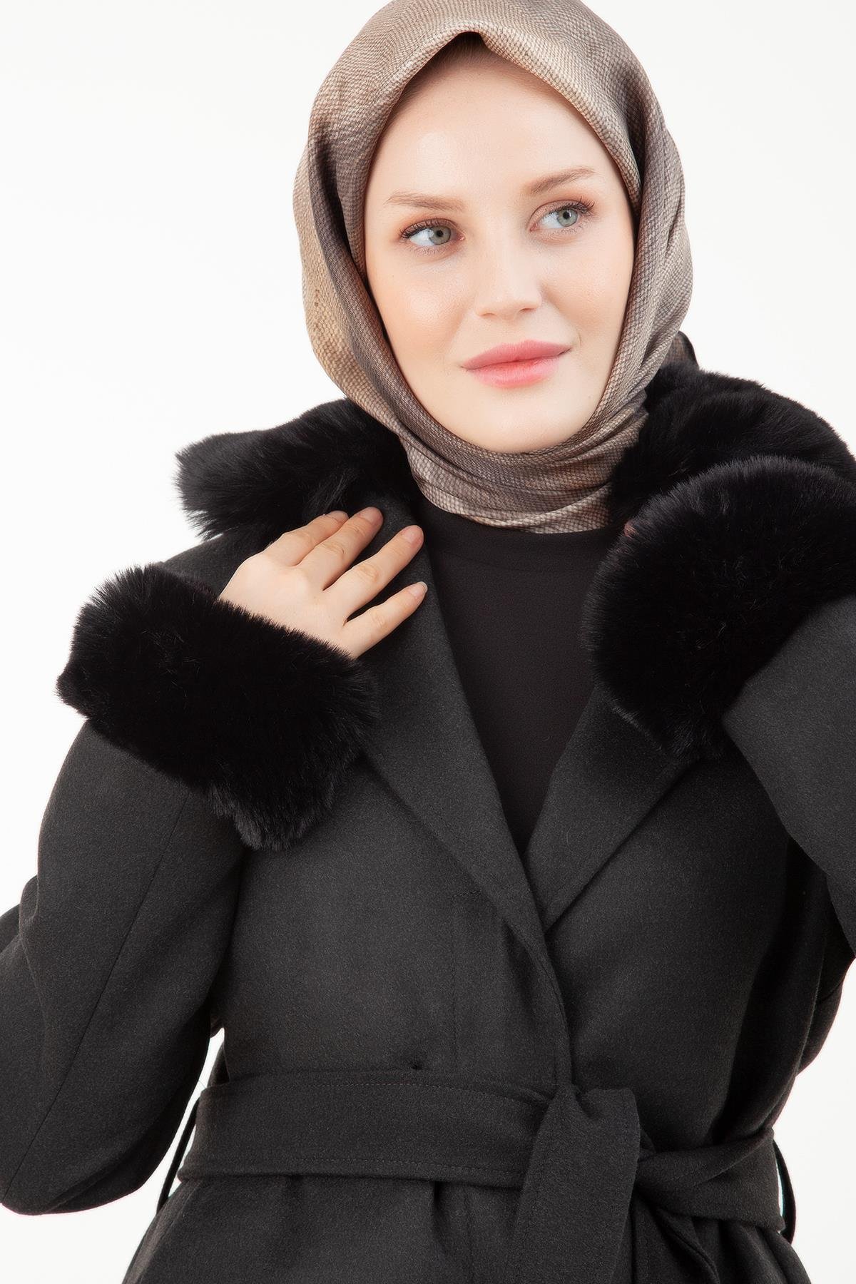 ARMİNE TREND Seyyar Kürklü Supatlı Belden Bağlamalı Kaşe Kaban-Antrasit 23KT804