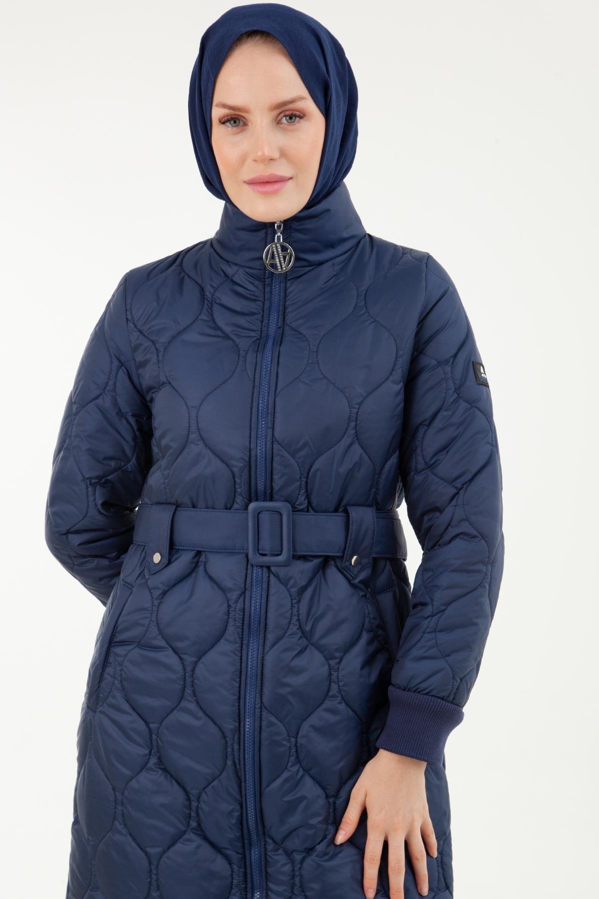 ARMİNE TREND Soğan Desenli Beli Kemerli Kapitone Kap-İndigo 22KT727
