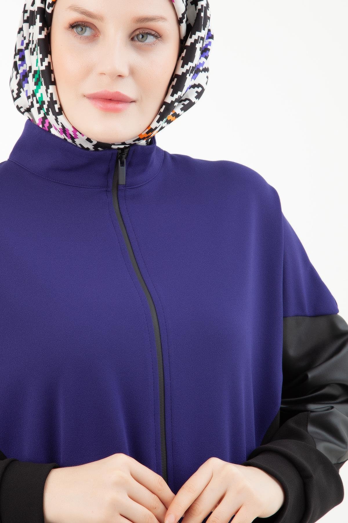 ARMİNE TREND Spor Takım Fermuarlı Cep Detaylı Deri Garnili Tunik ve Pantolonlu İkili Takım-Morcivent 23KT634