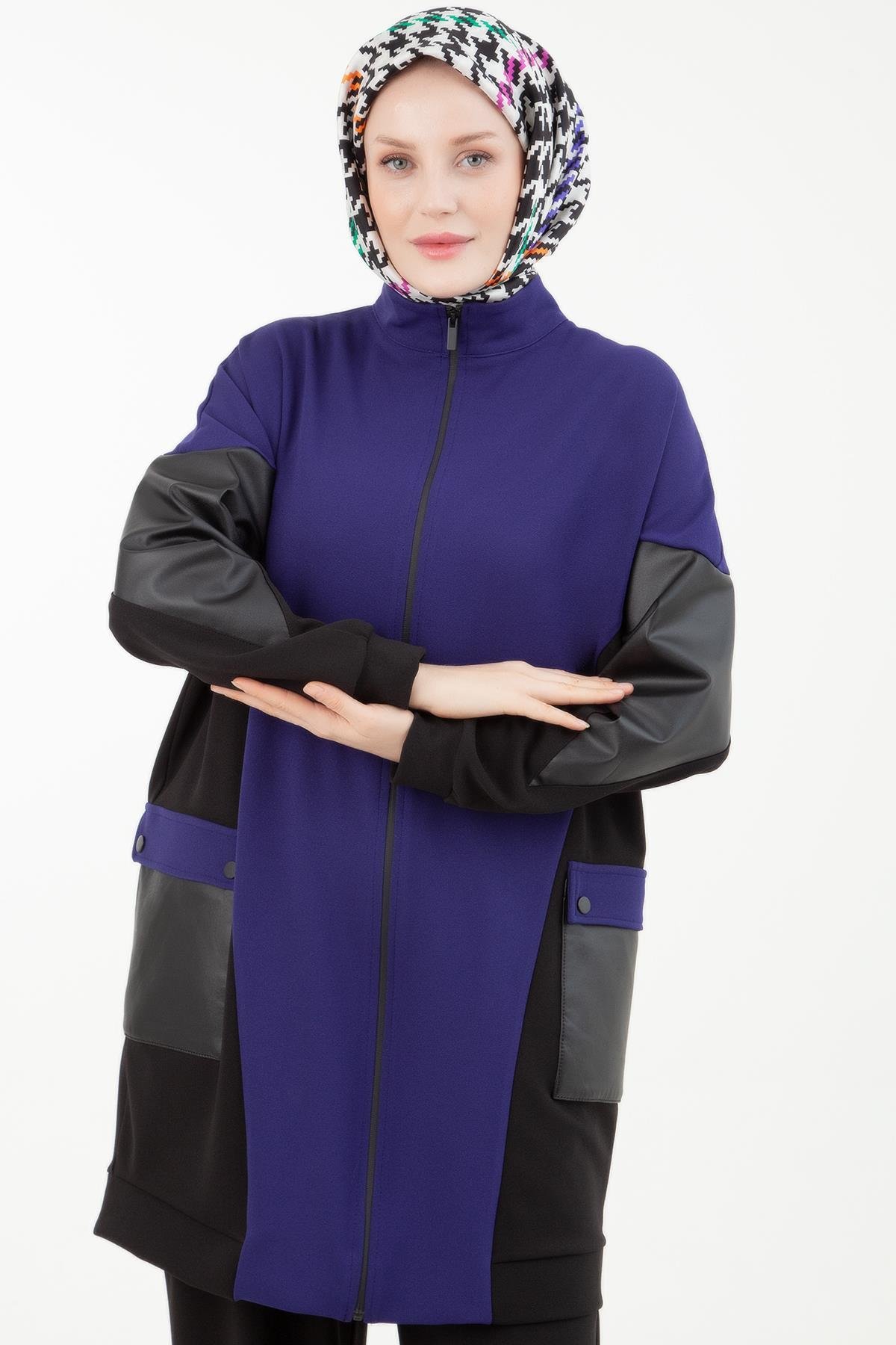 ARMİNE TREND Spor Takım Fermuarlı Cep Detaylı Deri Garnili Tunik ve Pantolonlu İkili Takım-Morcivent 23KT634