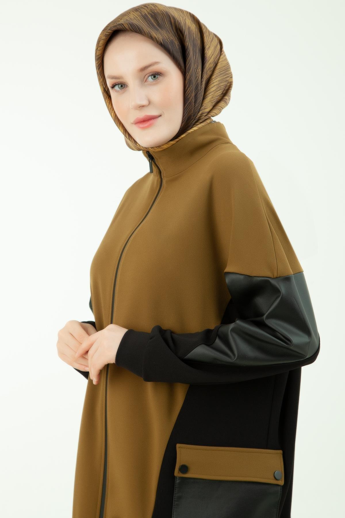 ARMİNE TREND Spor Takım Fermuarlı Cep Detaylı Deri Garnili Tunik ve Pantolonlu İkili Takım-Fıstık Yeşil 23KT634
