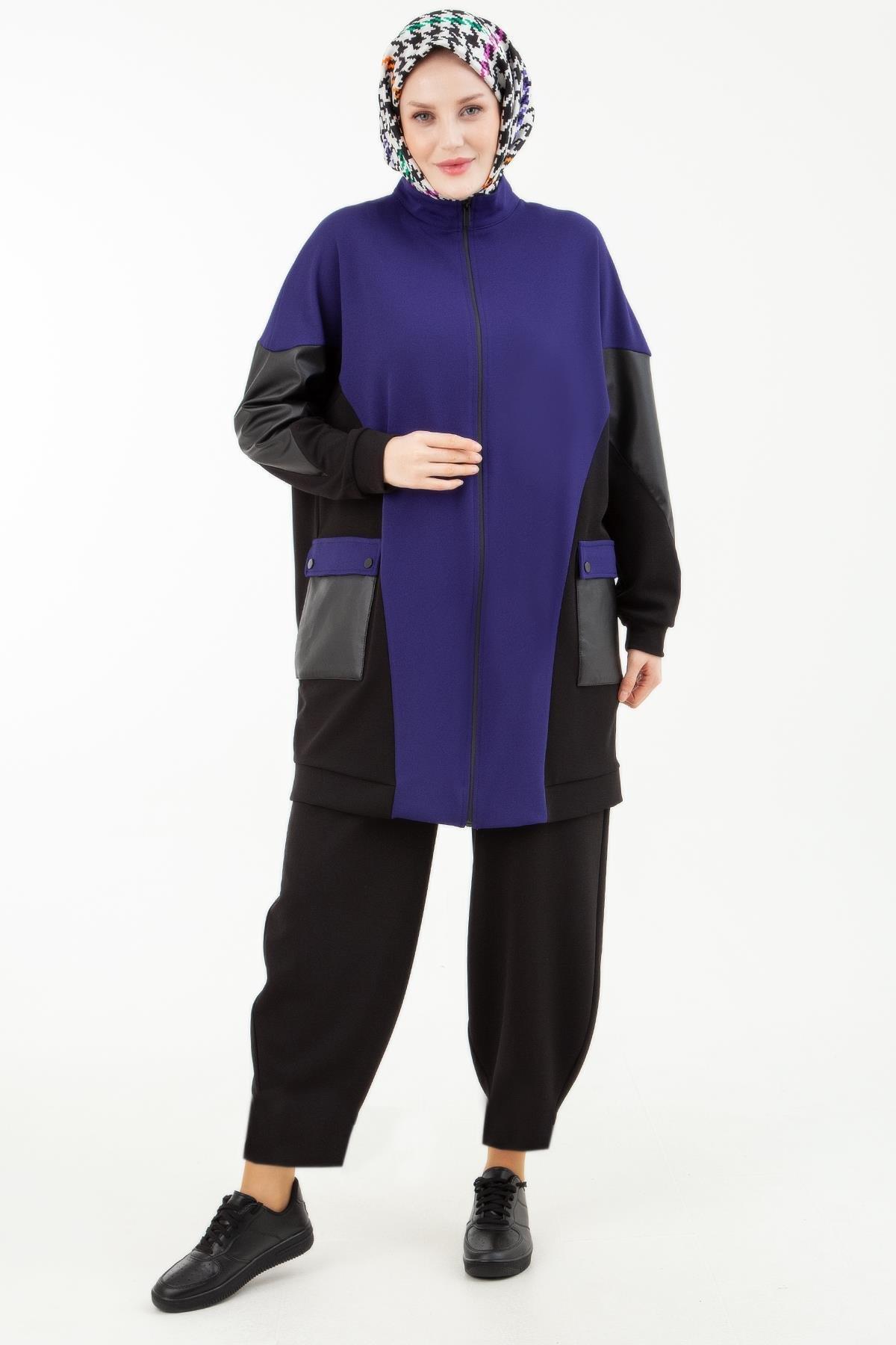 ARMİNE TREND Spor Takım Fermuarlı Cep Detaylı Deri Garnili Tunik ve Pantolonlu İkili Takım-Morcivent 23KT634