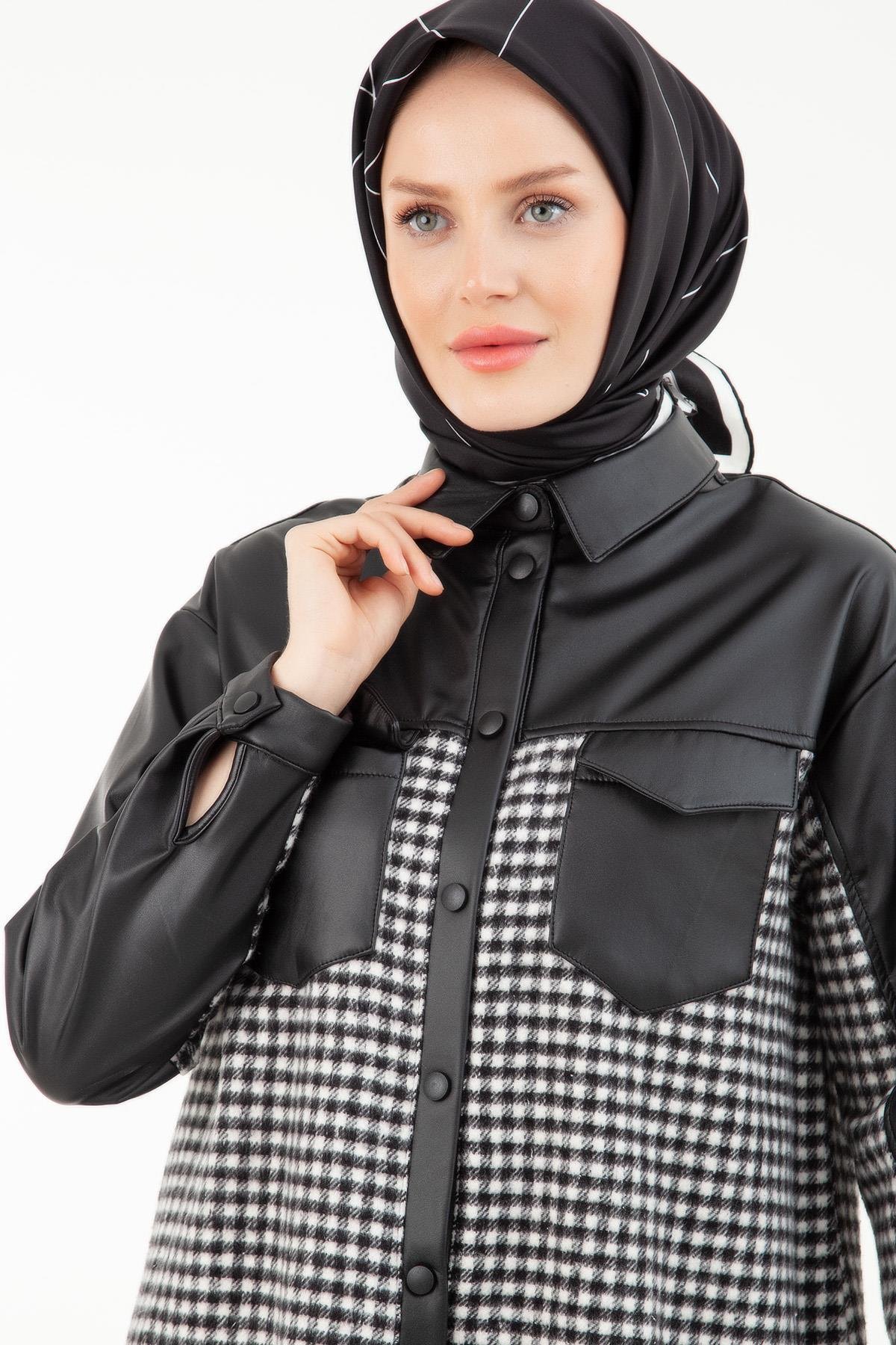 ARMİNE TREND Suni Deri Detaylı Ekose Desenli Çıt Çıtlı Pamuk Karışımlı Tunik-Siyah 23KT403
