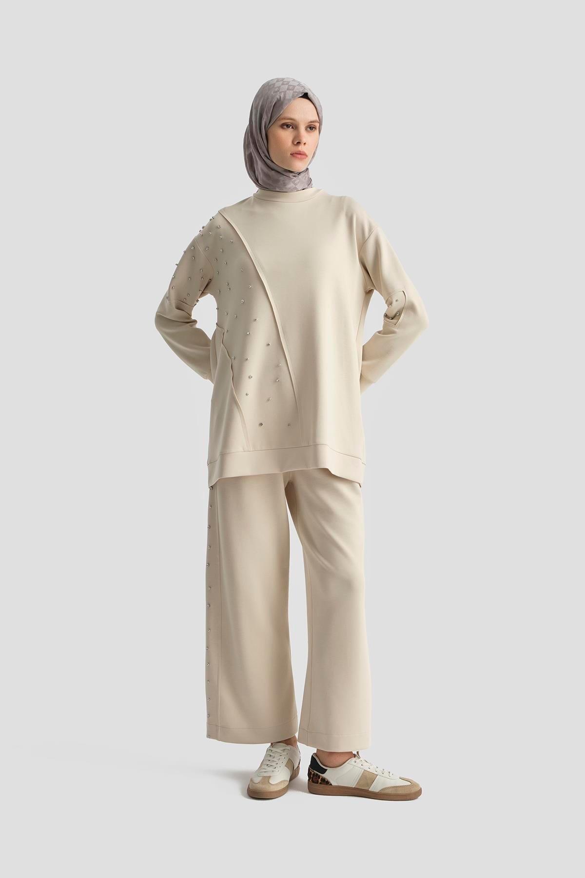 ARMİNE TREND Taş işlemeli Pantolonlu İkili Takım-Bej 25YT637