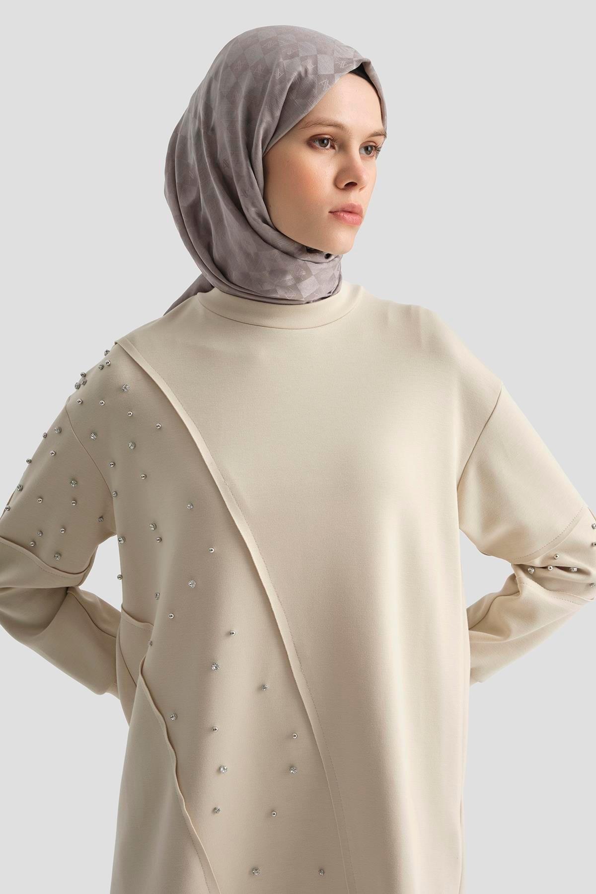 ARMİNE TREND Taş işlemeli Pantolonlu İkili Takım-Bej 25YT637