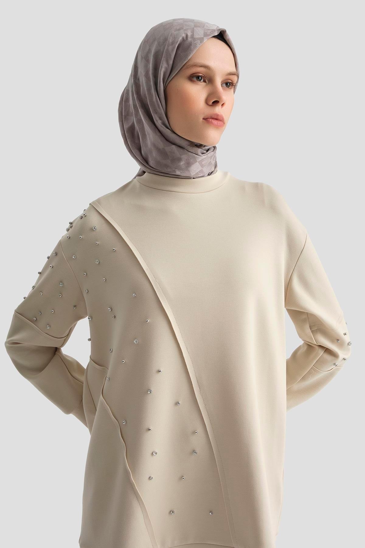ARMİNE TREND Taş işlemeli Pantolonlu İkili Takım-Bej 25YT637