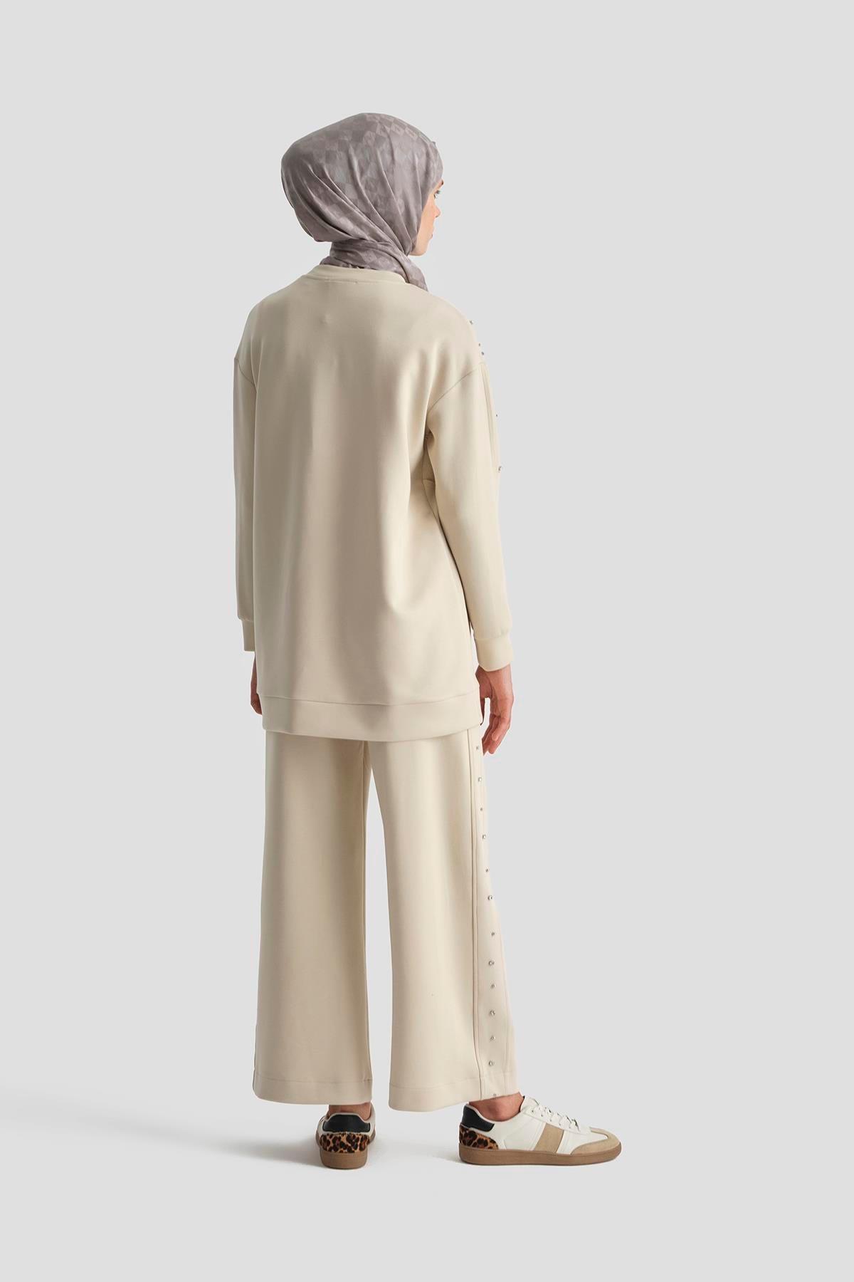 ARMİNE TREND Taş işlemeli Pantolonlu İkili Takım-Bej 25YT637